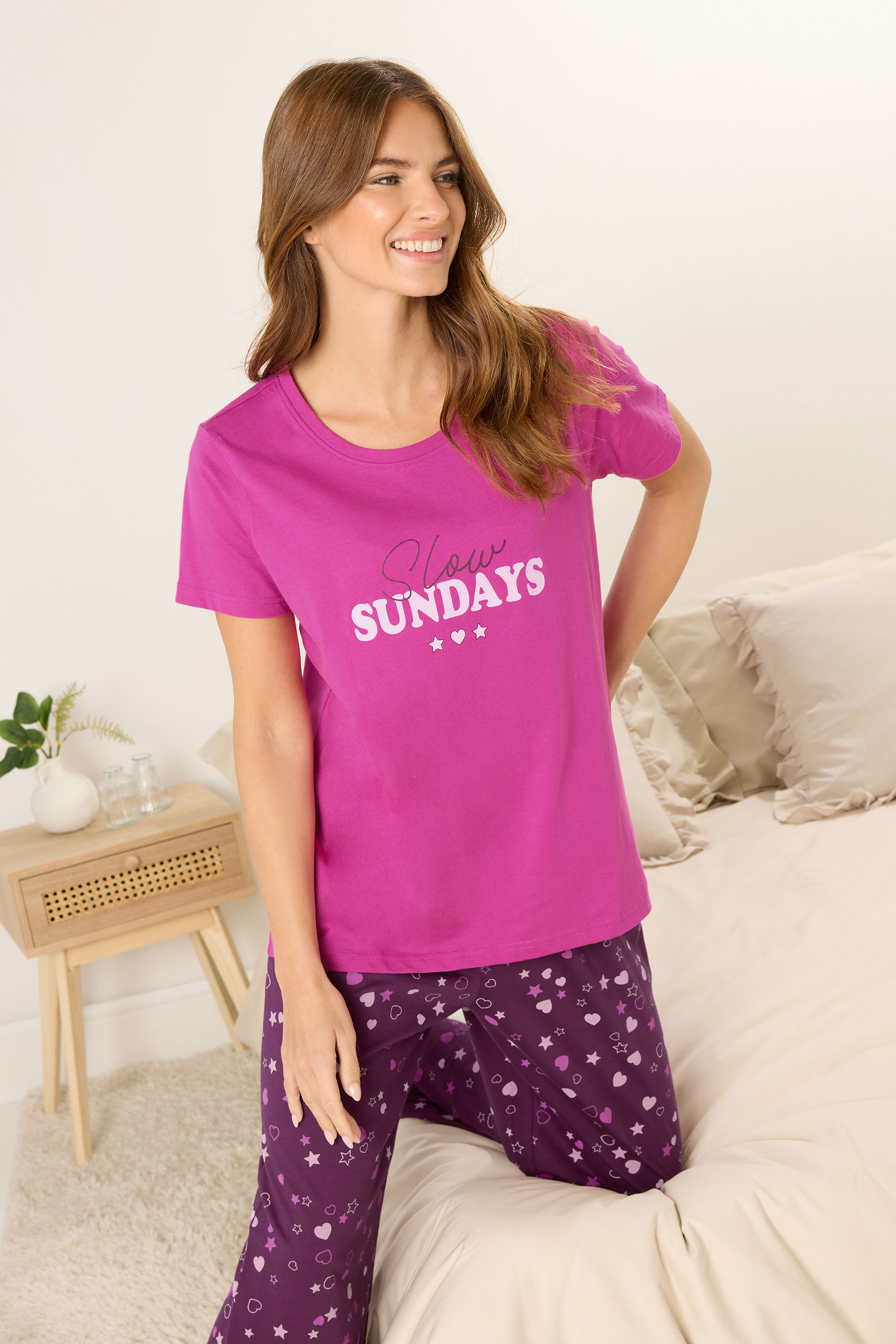 M&Co Pink 'Slow Sundays' Cotton Wide Leg Pyjama Set | M&Co 2