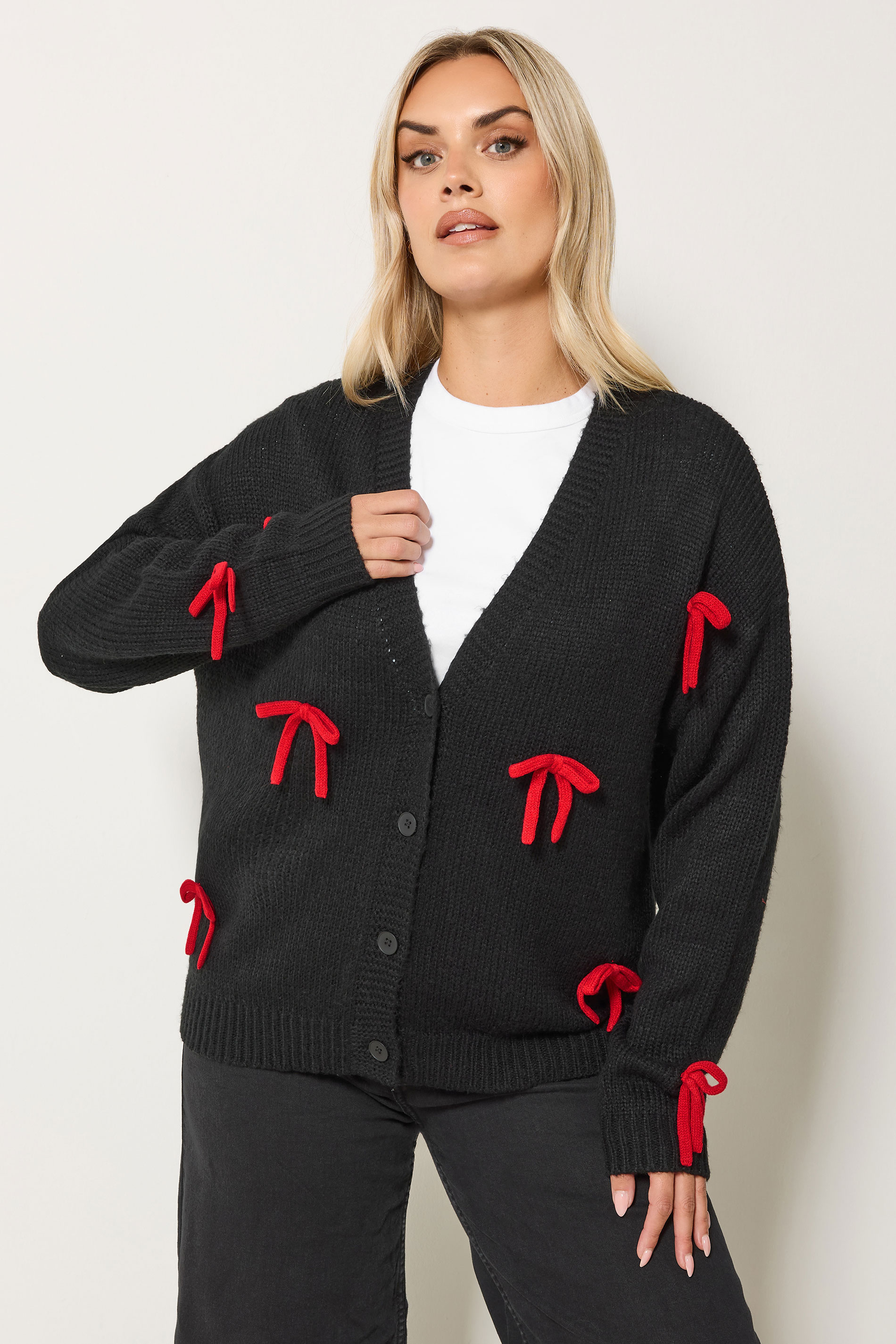 YOURS Plus Size Black Bow Detail Knitted Cardigan | Yours Clothing 3
