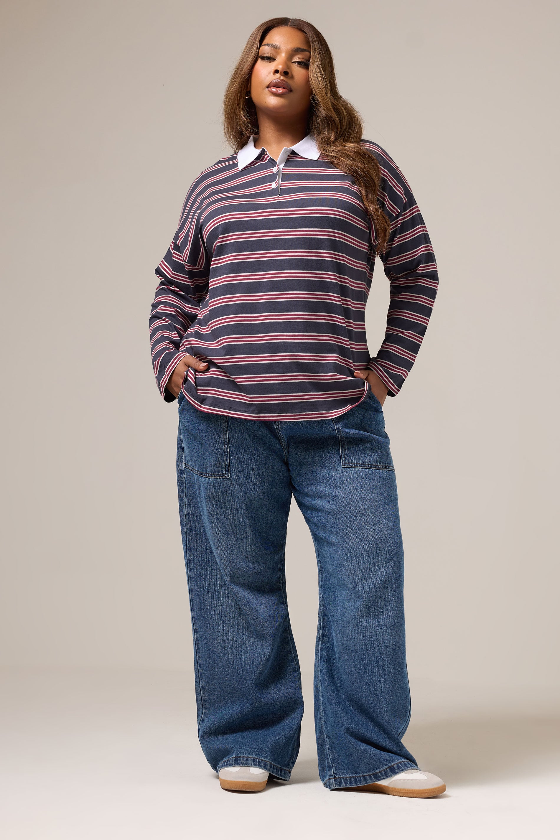 YOURS Plus Size Grey & Red Stripe Rugby Collar Top | Yours Clothing 3