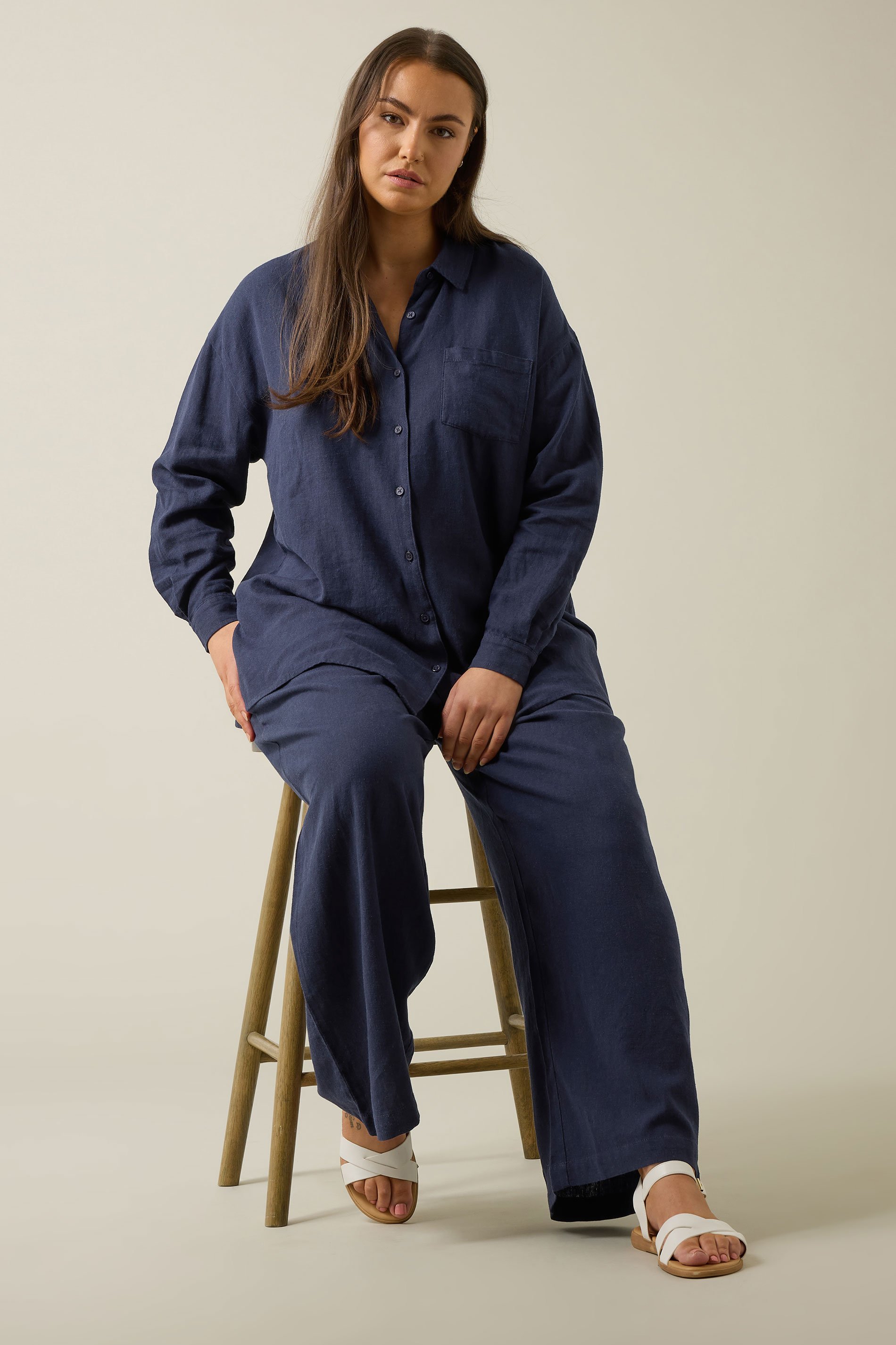 EVANS Plus Size Navy Blue Wide Leg Premium Linen Trousers | Evans 2