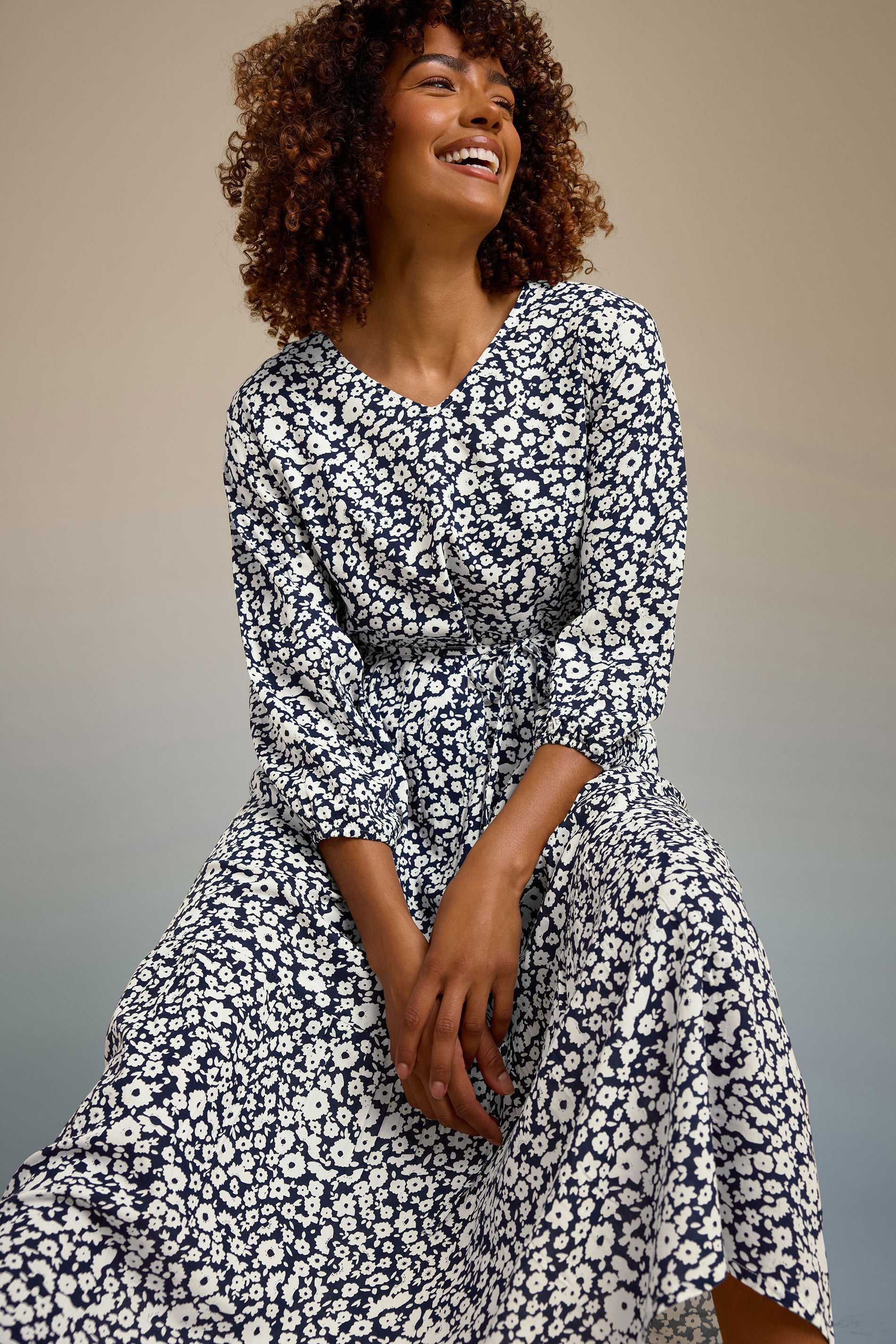M&Co Navy Blue Floral Print Tiered Midi Dress | M&Co 3