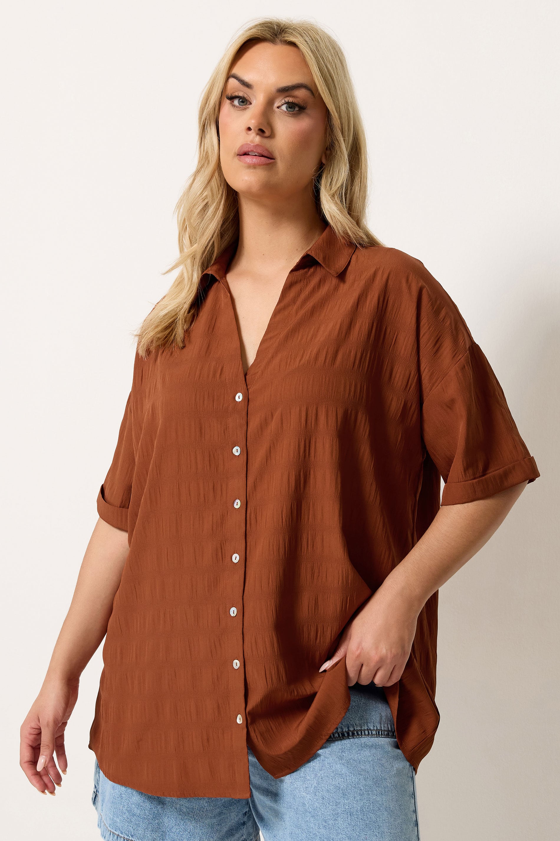 YOURS Plus Size Brown Textured Shirt | Yours Clothing 3