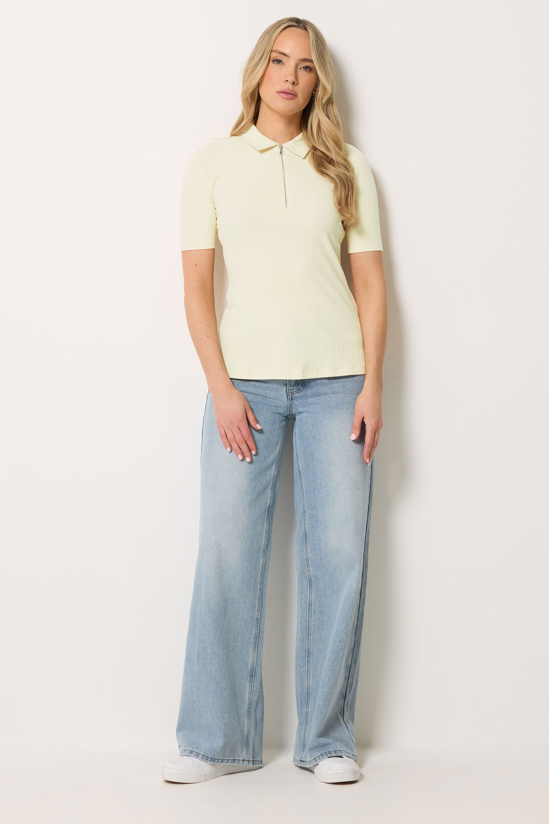 LTS Tall Women's Yellow Half Zip Ribbed Cotton Collared Top | Long Tall Sally 2