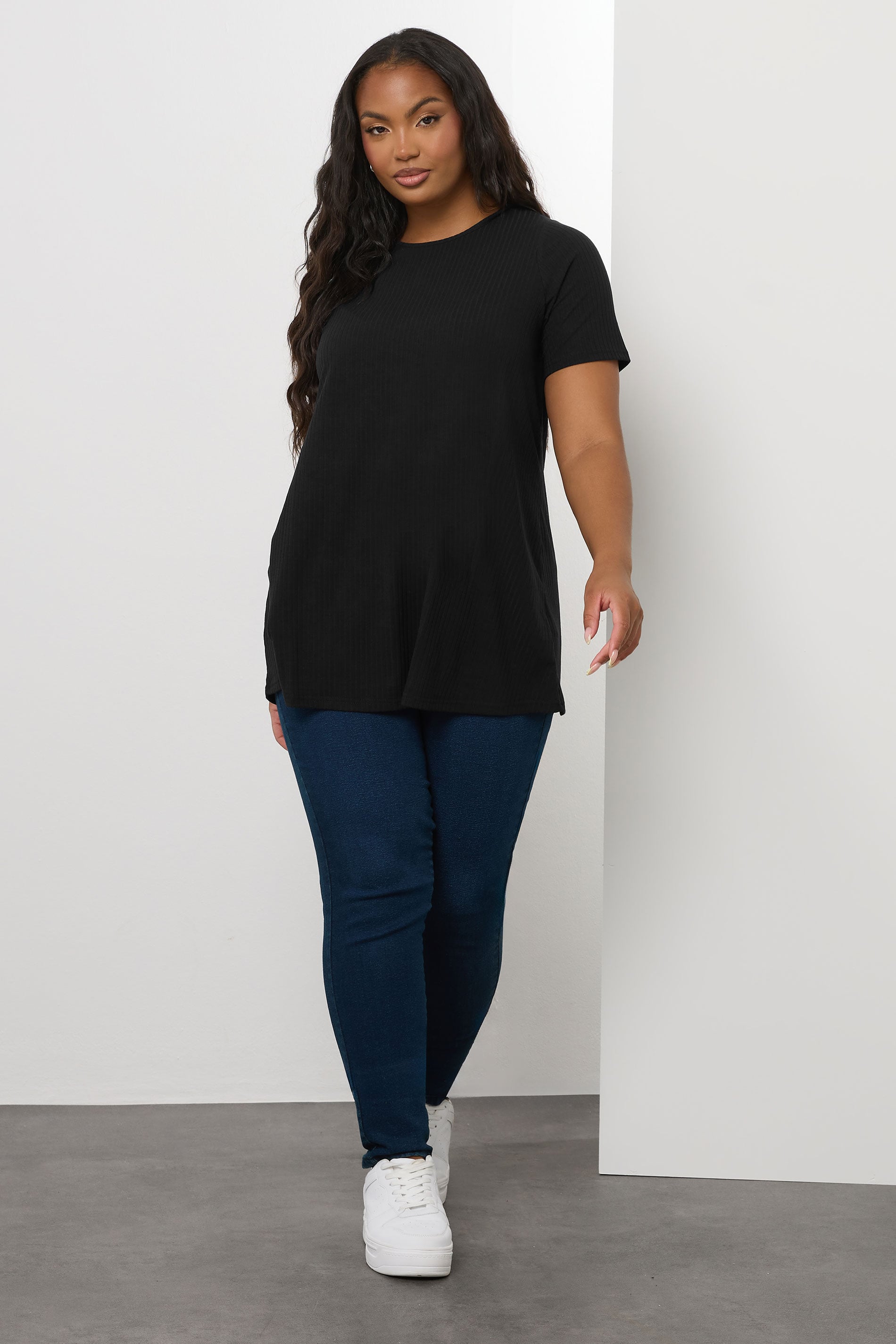 Plus Size Black Ribbed Swing Top | Yours Clothing 1