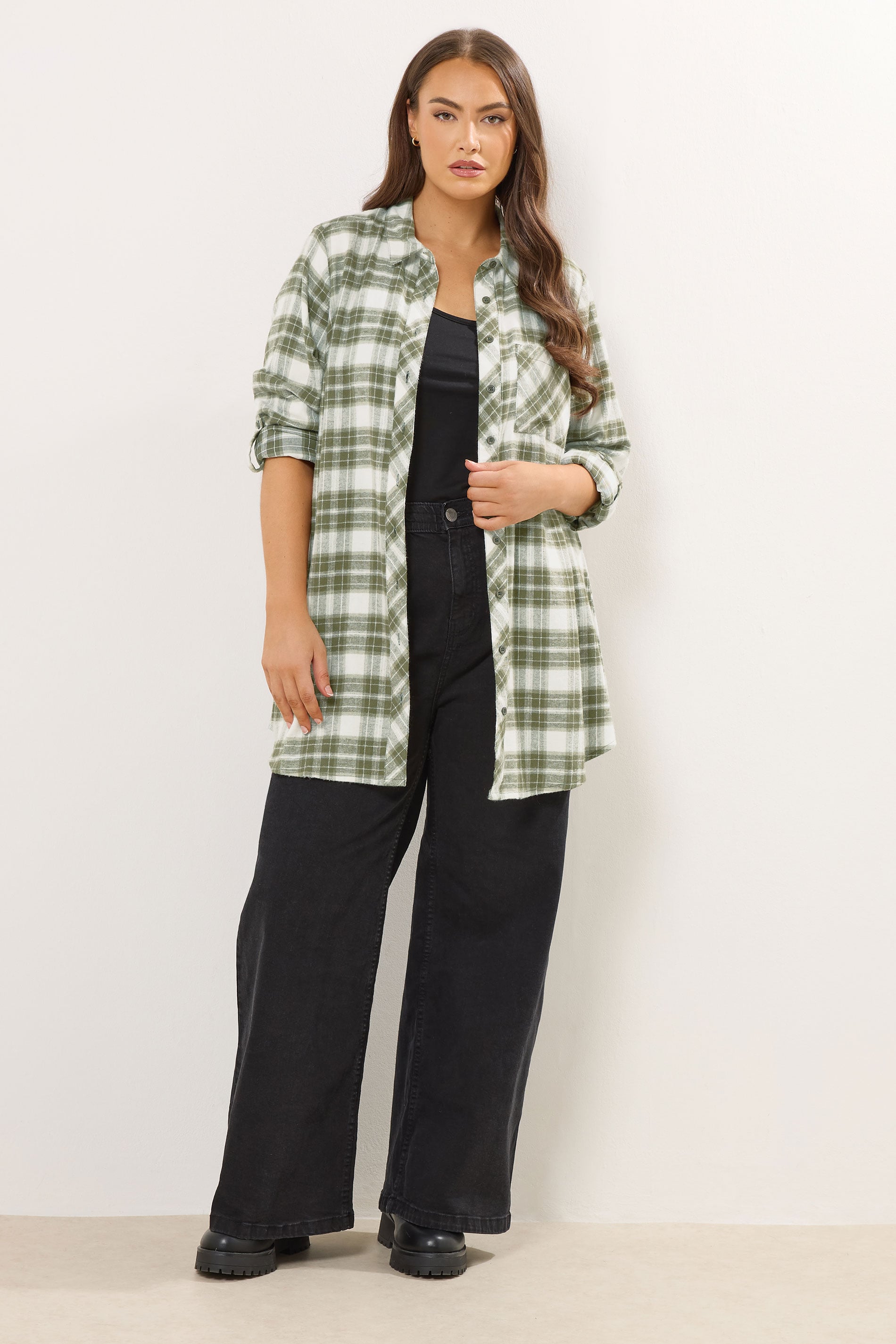 YOURS Plus Size Khaki Green Check Boyfriend Shirt | Yours Clothing 1