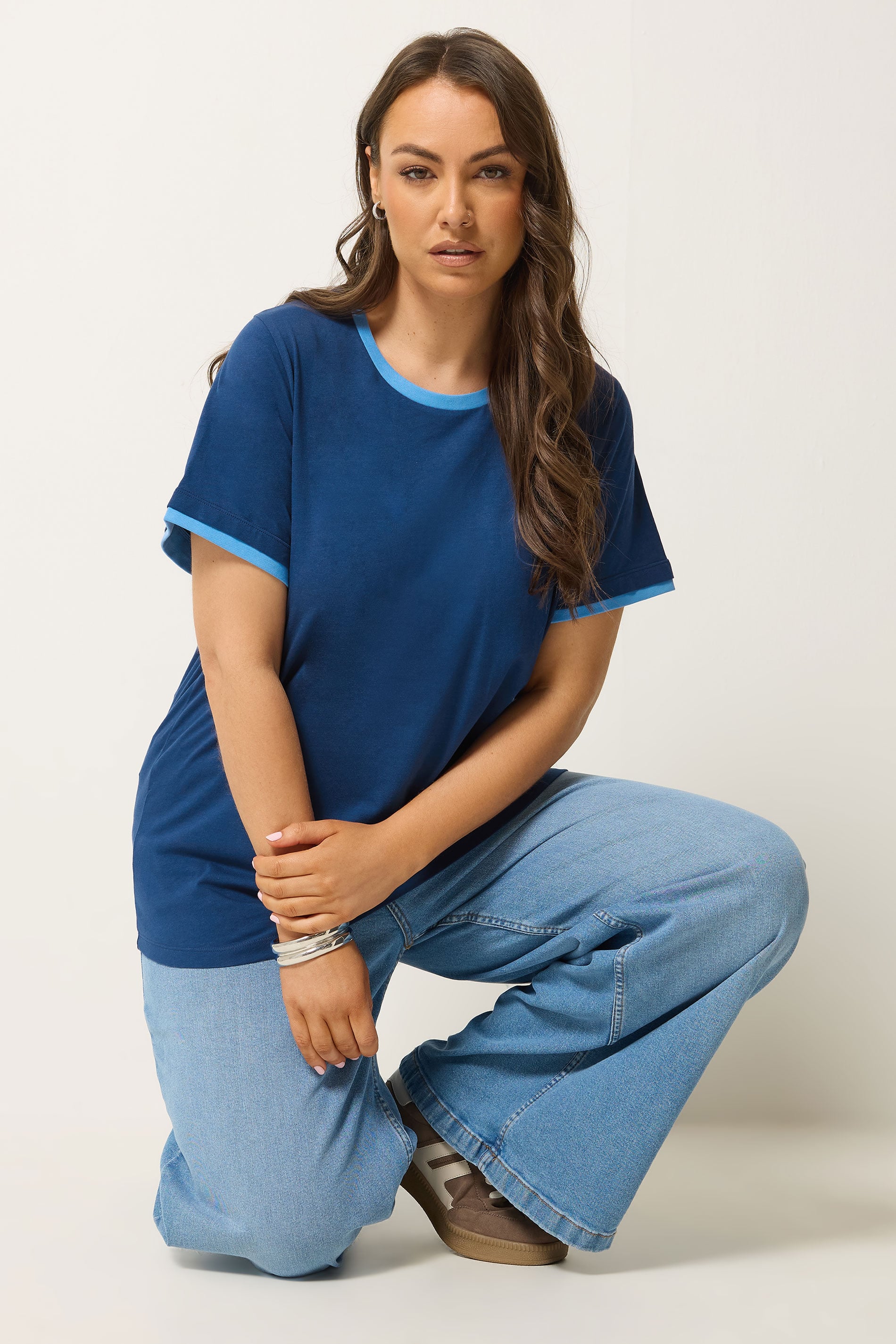 YOURS Plus Size Navy Blue Contrast Trim T-Shirt | Yours Clothing 3