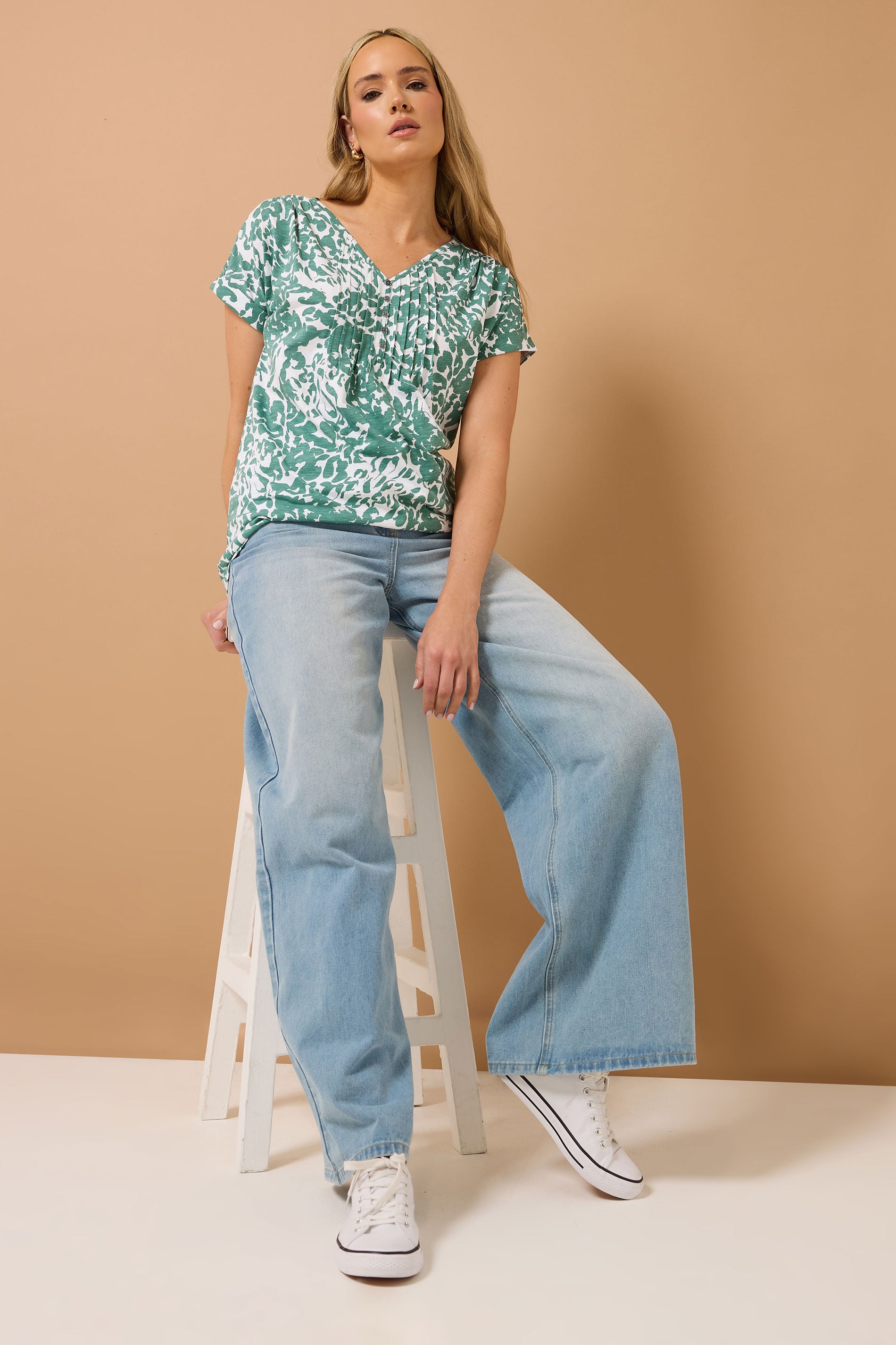 LTS Tall Sage Green Cotton Abstract Floral Henley Top | Long Tall Sally 2