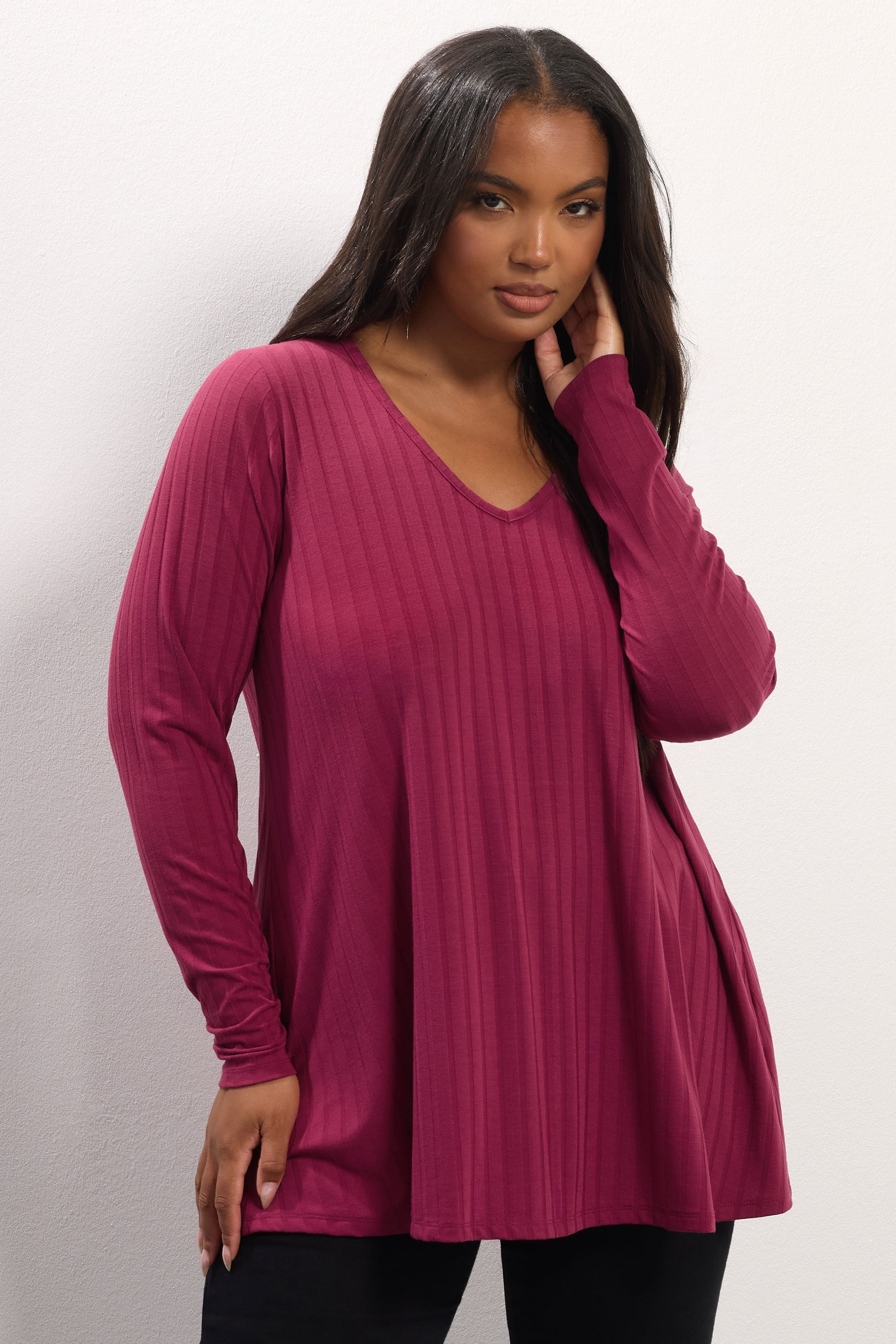 YOURS Plus Size Dark Pink Ribbed Swing T-Shirt | Yours Clothing 3