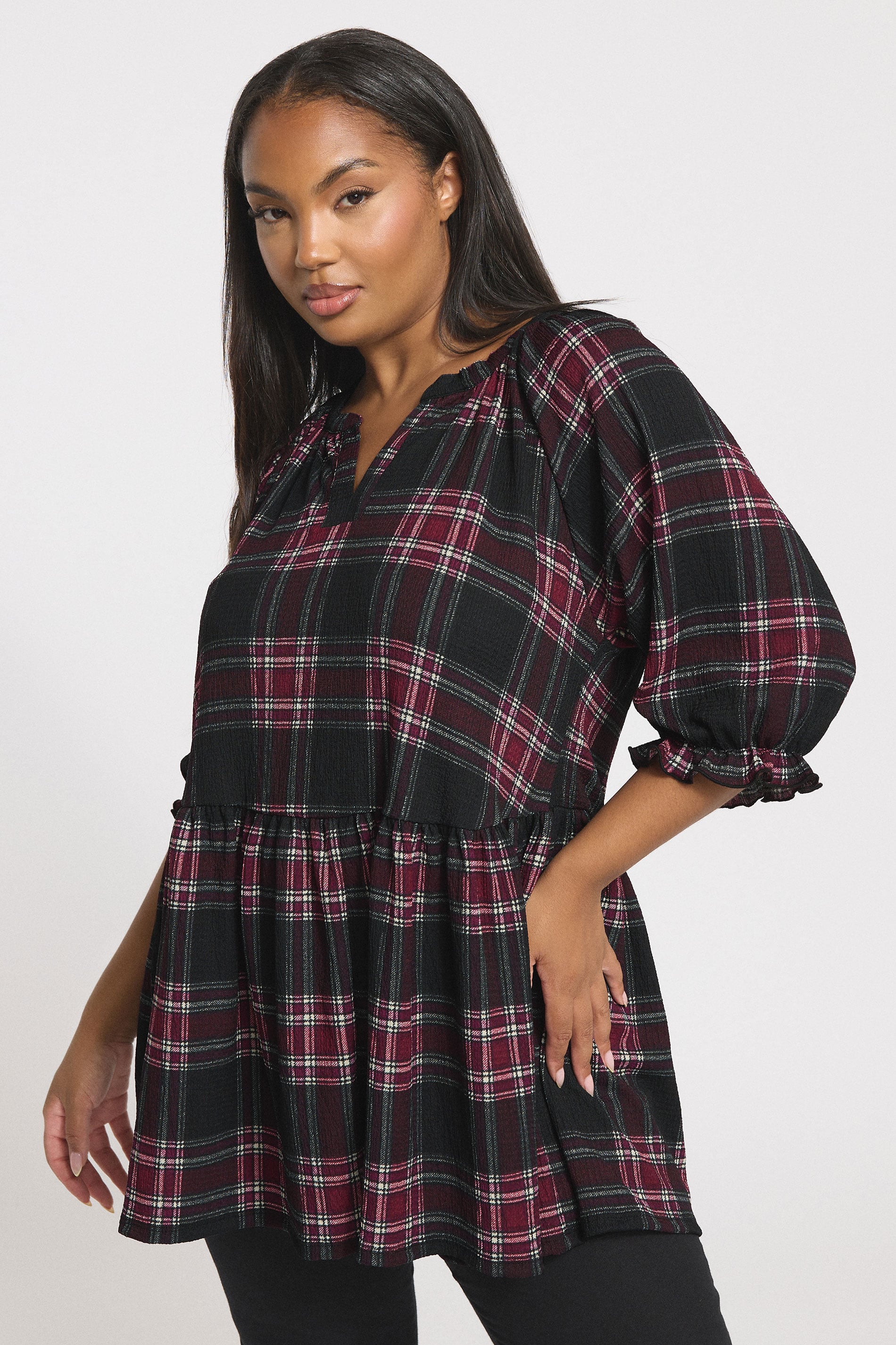 YOURS Plus Size Black Check Textured Peplum Top | Yours Clothing 3