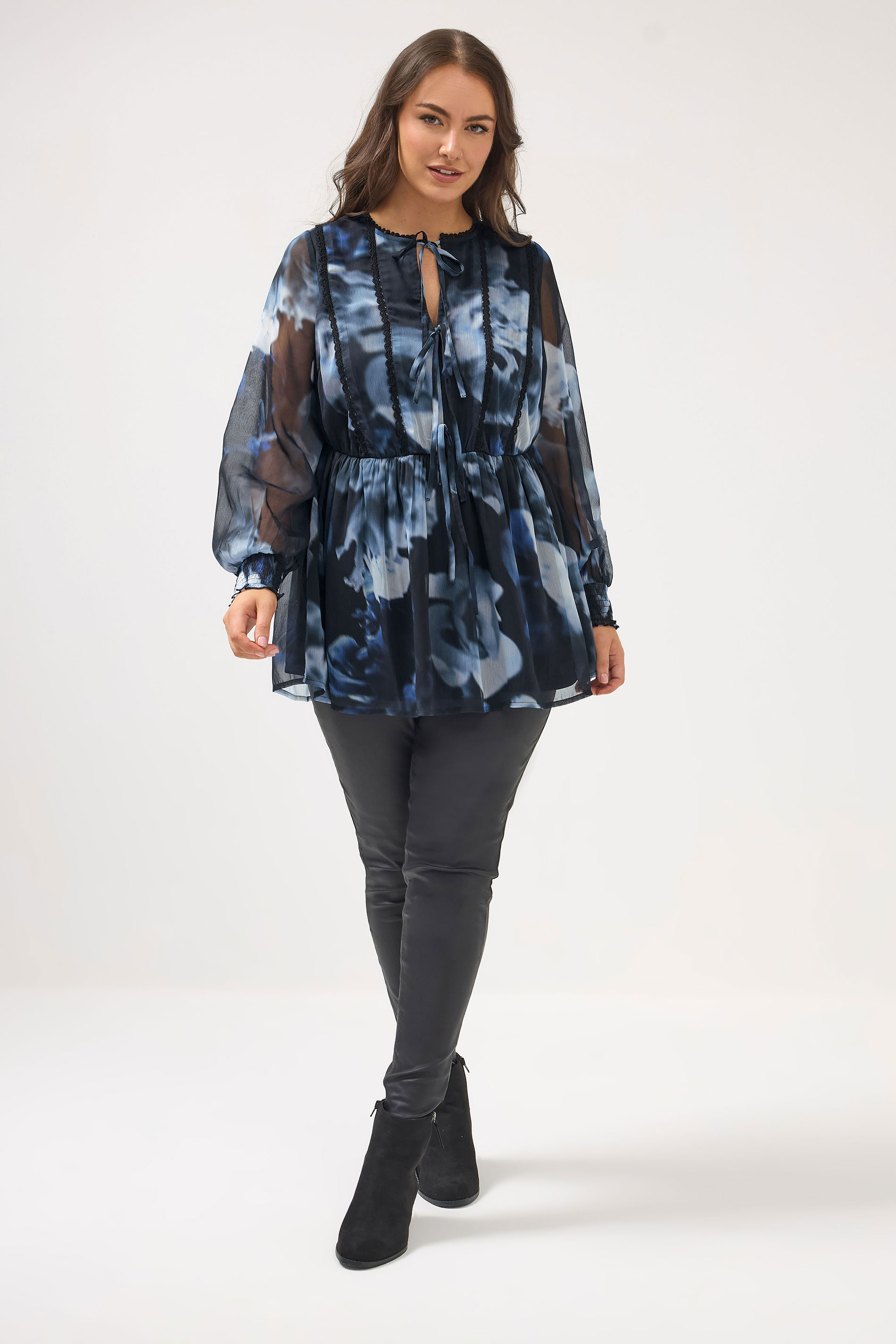 YOURS Plus Size Black Blurred Floral Tie Front Blouse | Yours Clothing 1