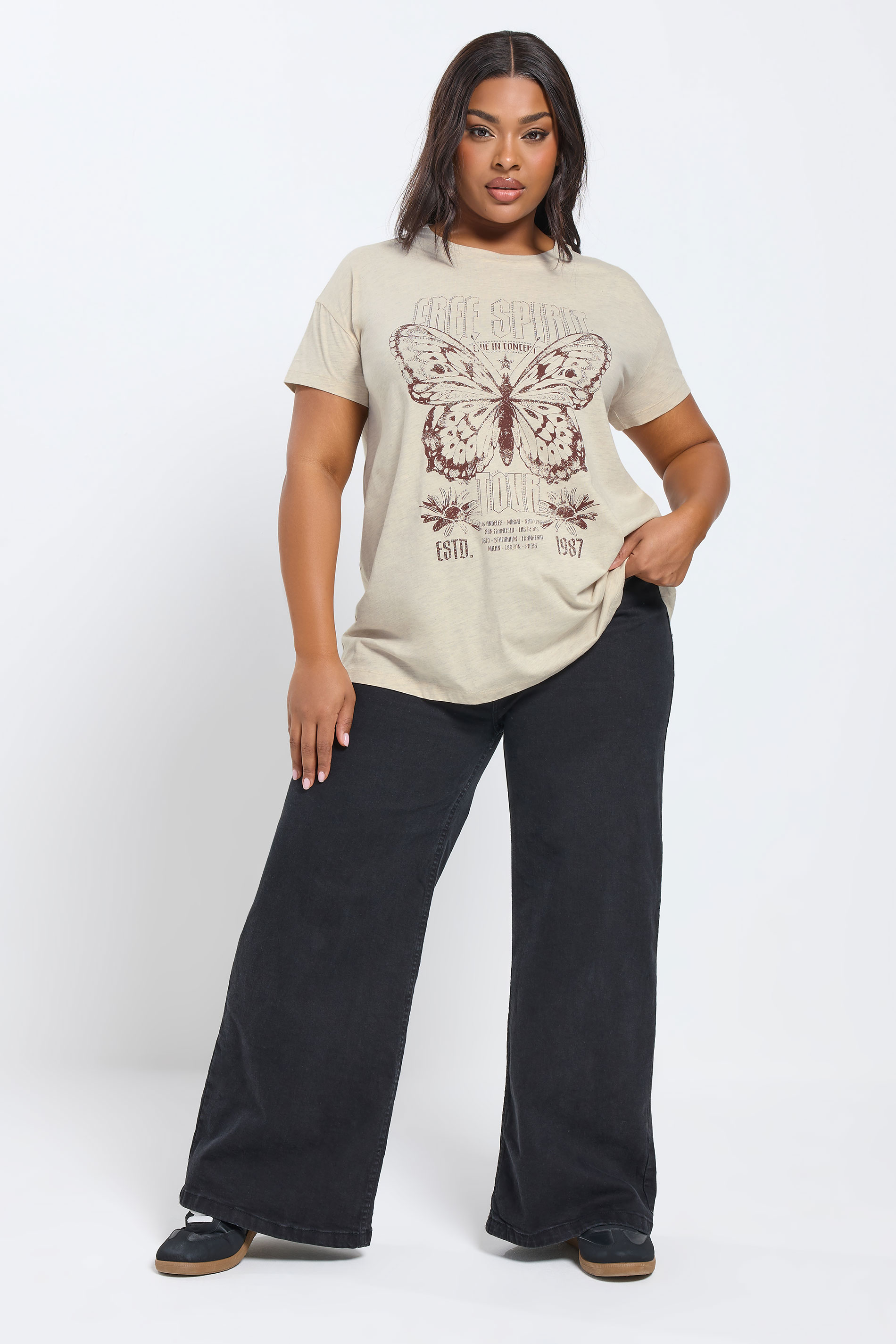 YOURS Plus Size Natural Brown 'Free Spirit' Embellished Graphic T-Shirt | Yours Clothing 1