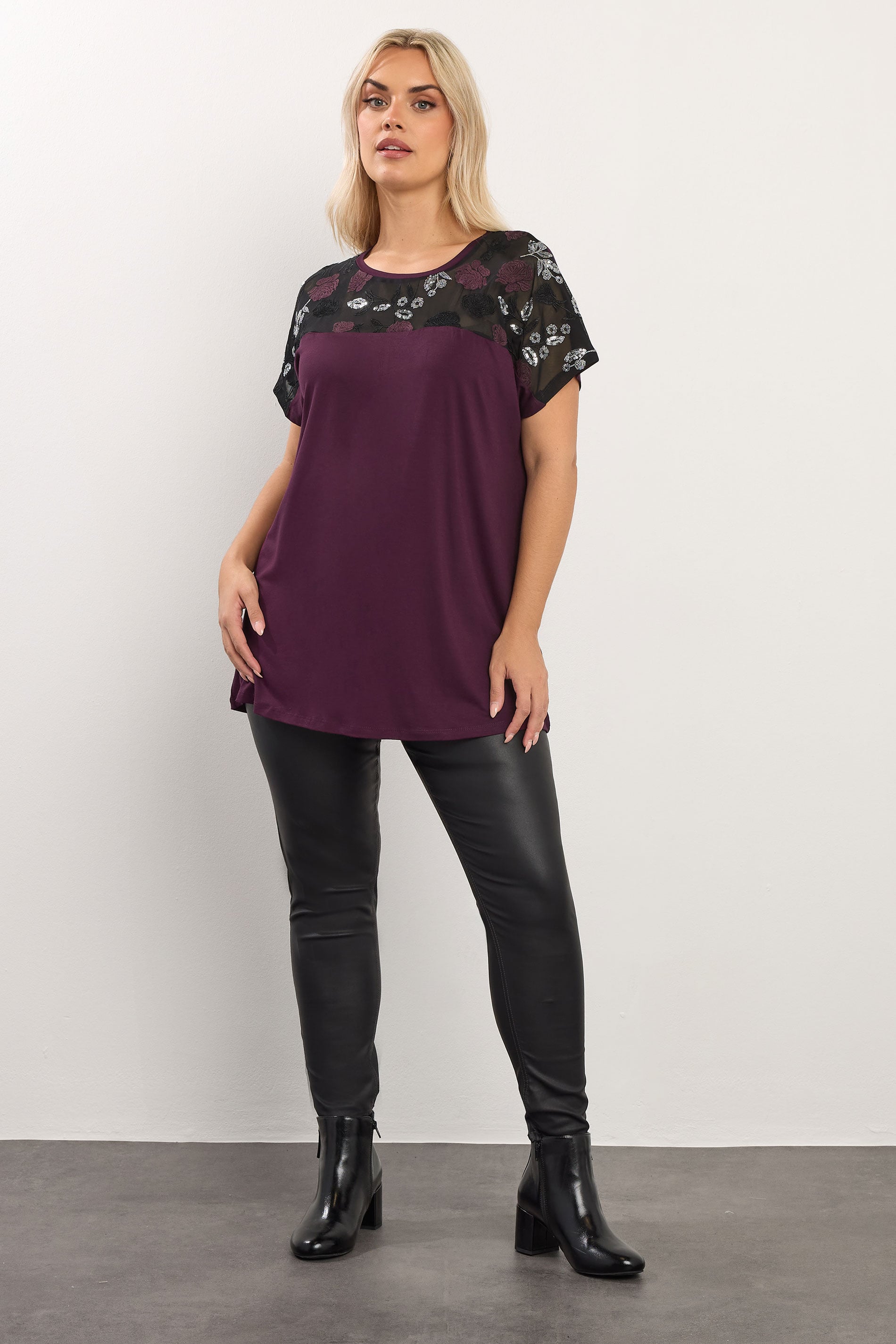 YOURS Plus Size Burgundy Red Mesh Embellished Swing Top | Yours Clothing  1