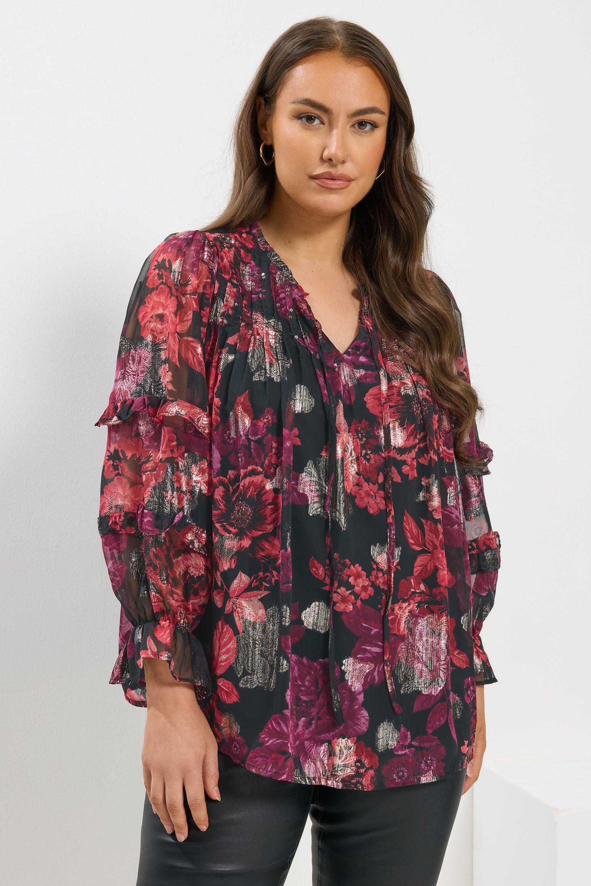 YOURS Plus Size Black & Pink Floral Metallic Tie Neck Blouse | Yours Clothing 3