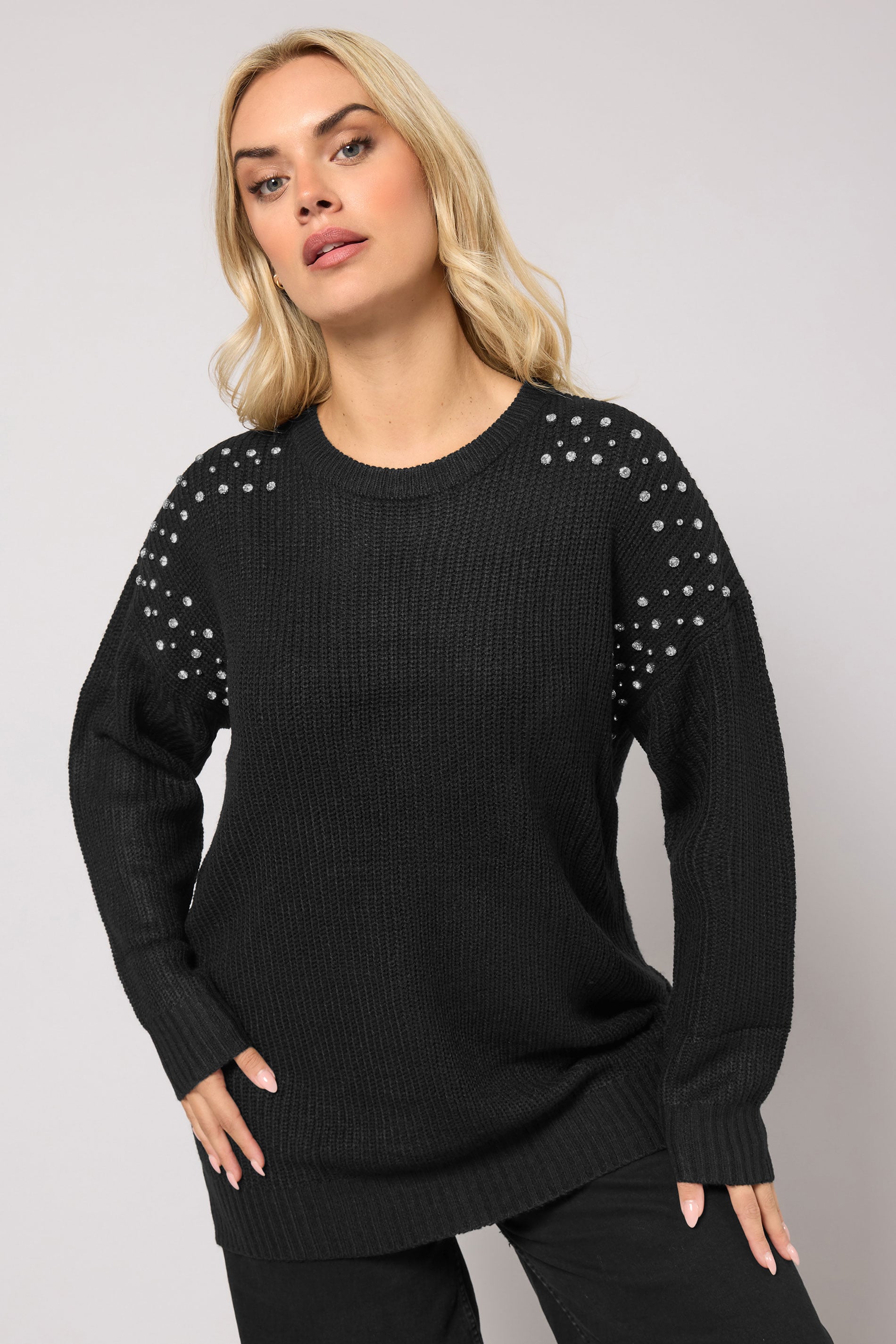 YOURS Plus Size Black Diamante Embellished Knitted Jumper | Yours Clothing 3