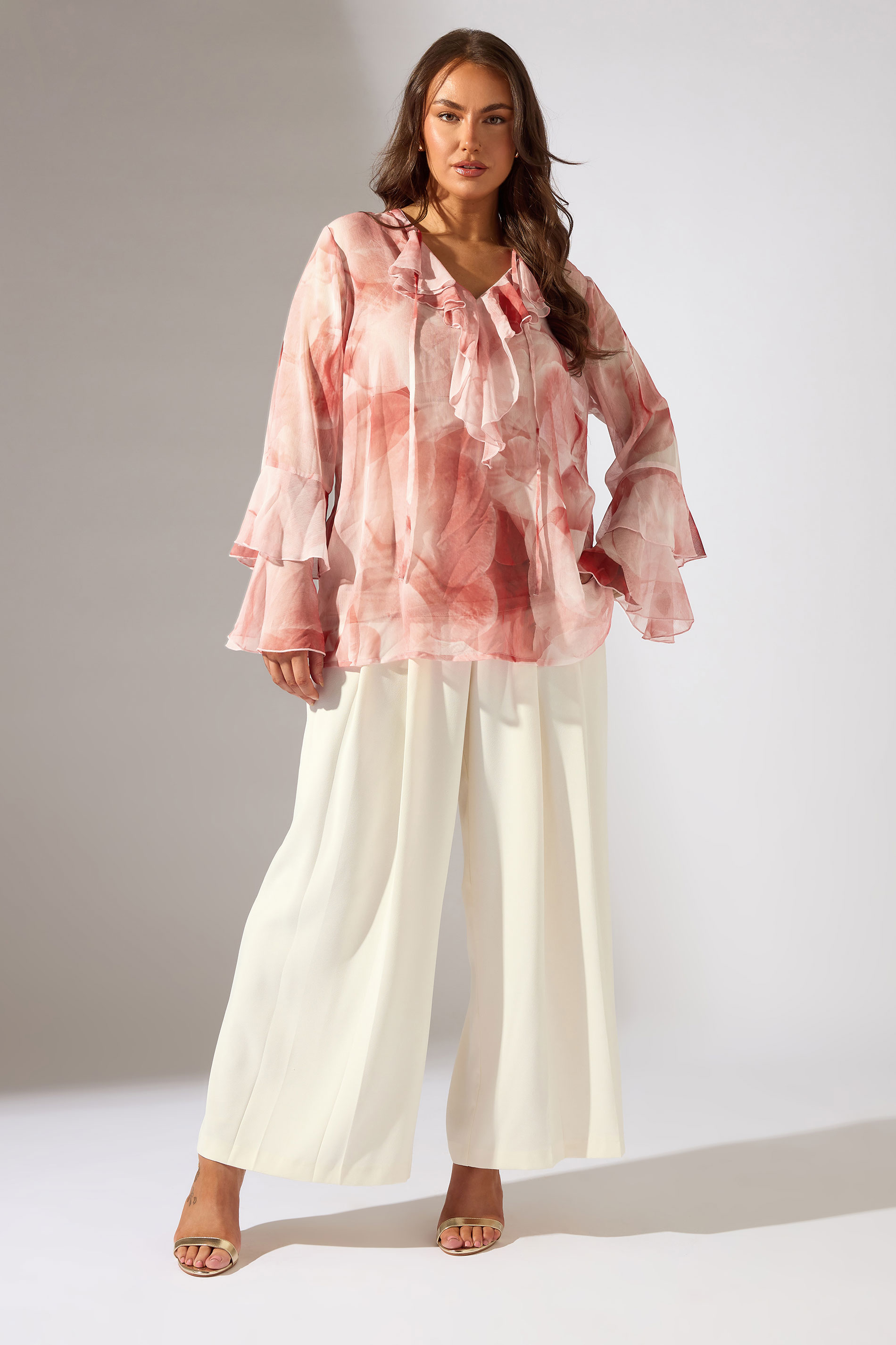 EVANS Plus Size Pink Floral Ruffle Sleeve Occasion Blouse | Evans 2