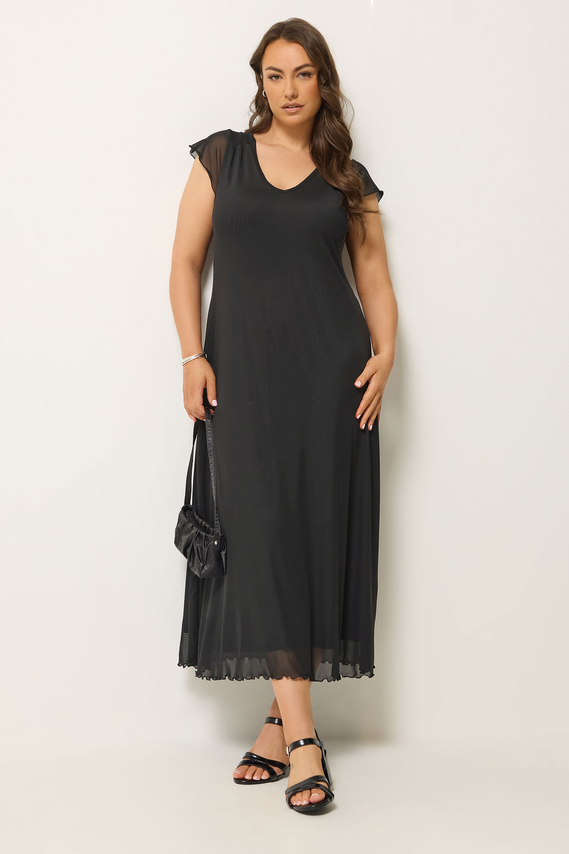 YOURS Plus Size Black Mesh Cap Sleeve Maxi Dress | Yours Clothing 1