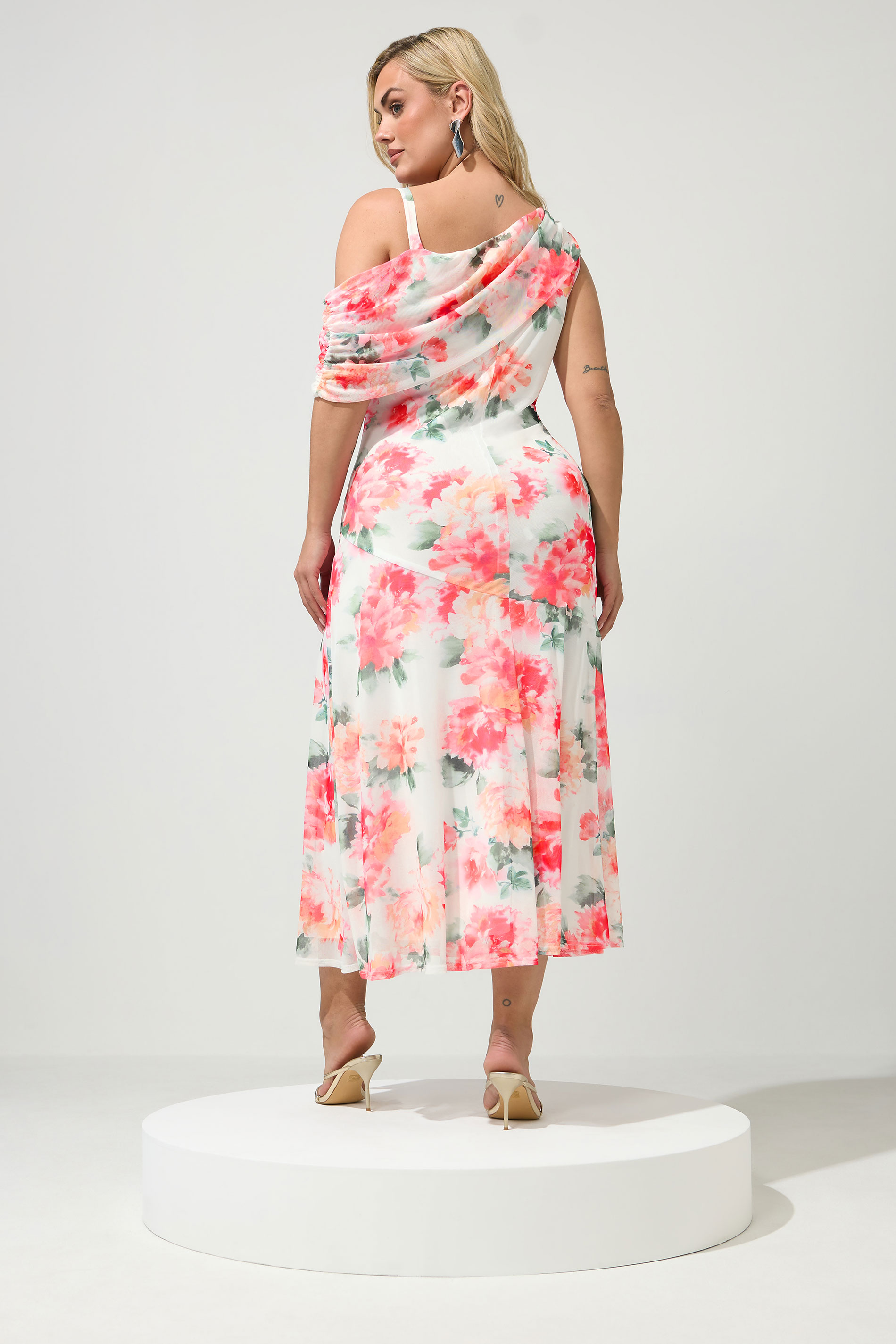 YOURS LONDON Plus Size White Floral Drape Shoulder Dress | Yours Clothing 2