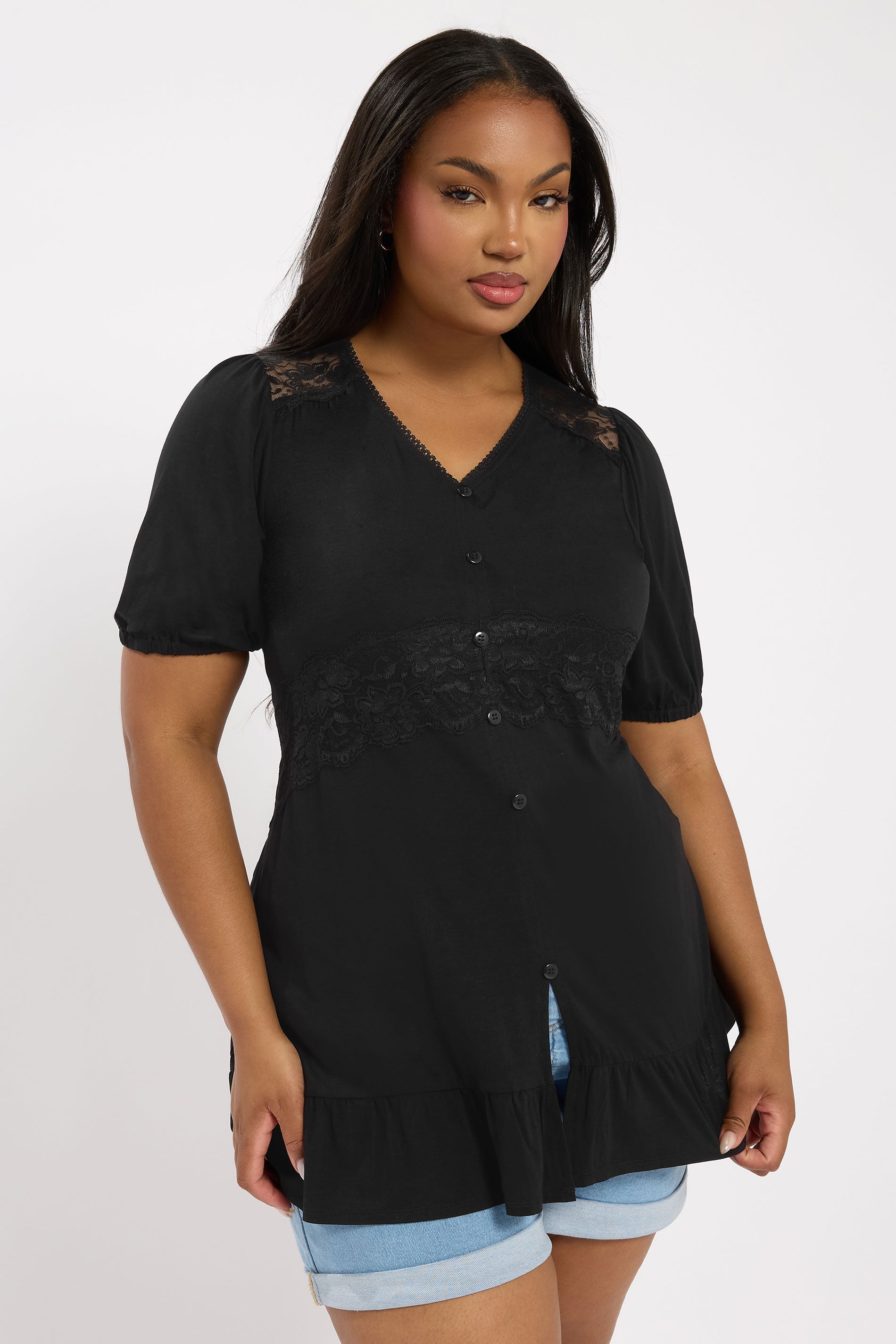 YOURS Plus Size Black Jersey Lace Frill Smock Top | Yours Clothing 3