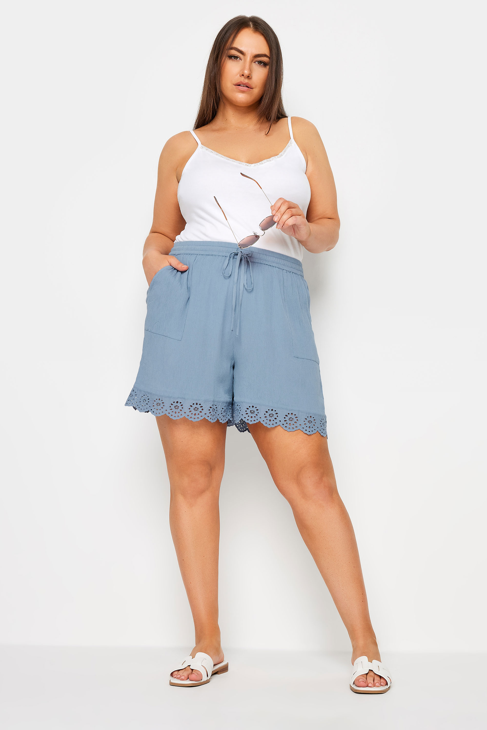 YOURS Plus Size Blue Broderie Anglaise Scalloped Shorts | Yours Clothing 2