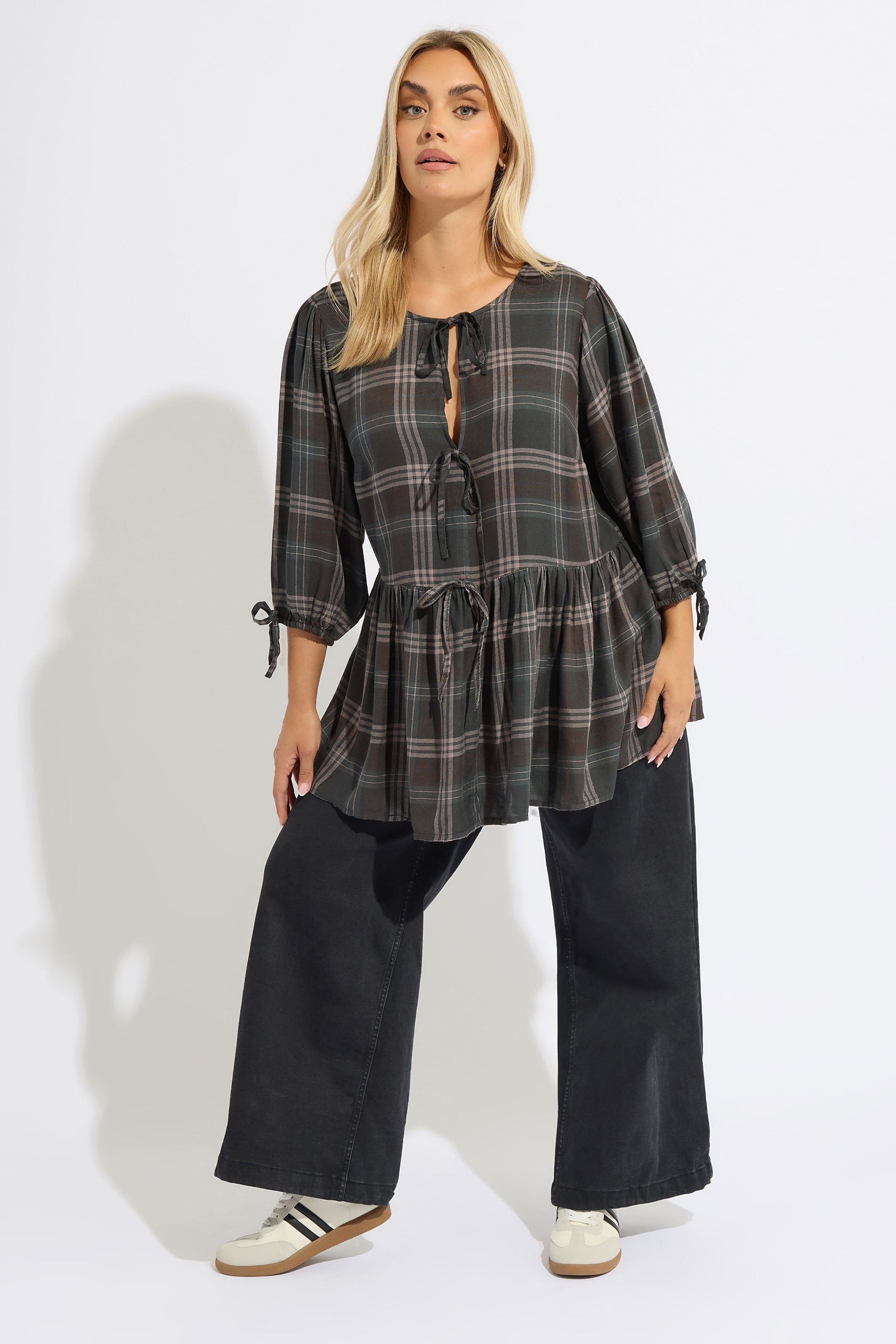 YOURS Plus Size Brown Check Tie Front Peplum Top | Yours Clothing 1