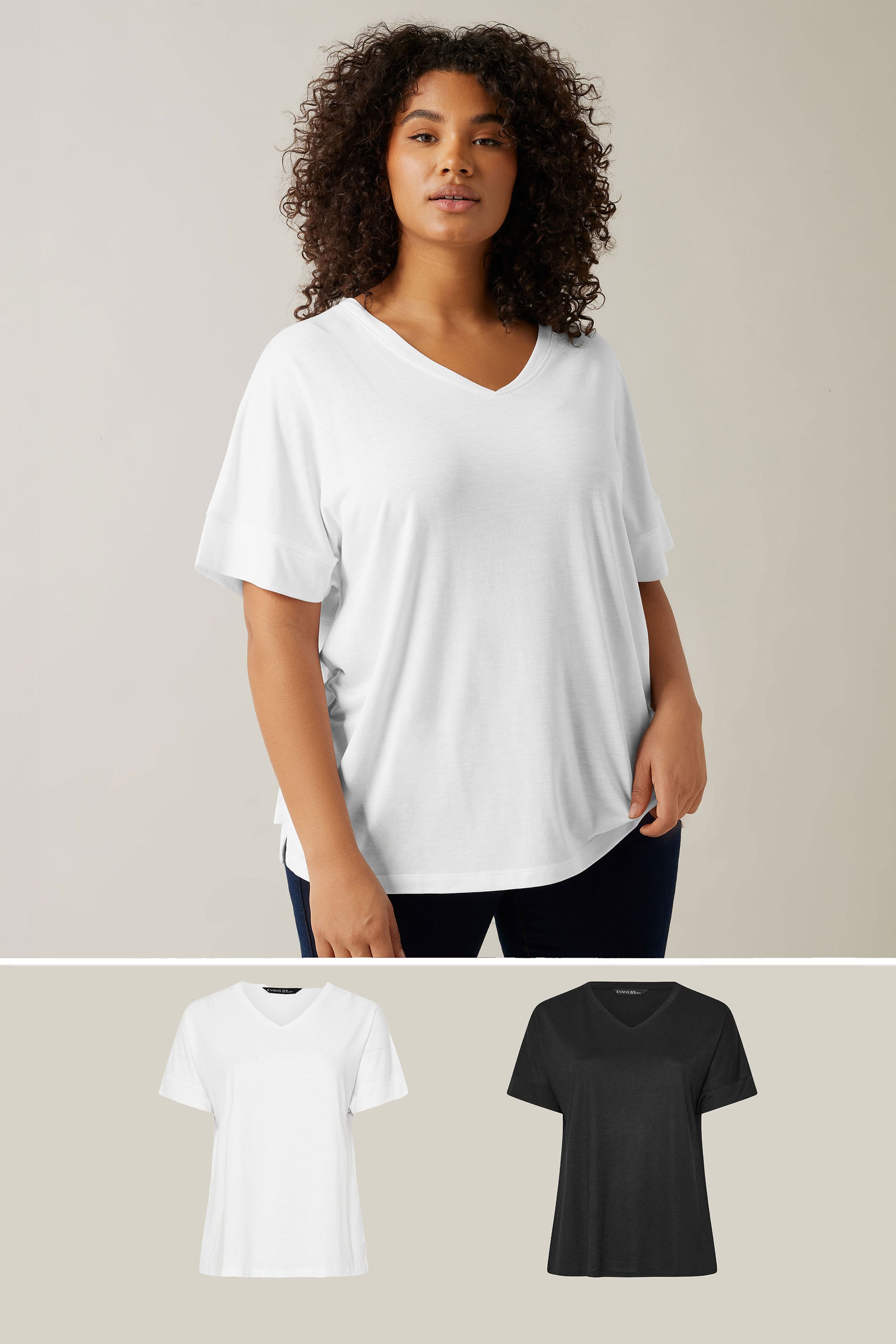 Evans Women's White 2 Pack Plus & Black Vneck Modal Rich Tshirts Size 26-28