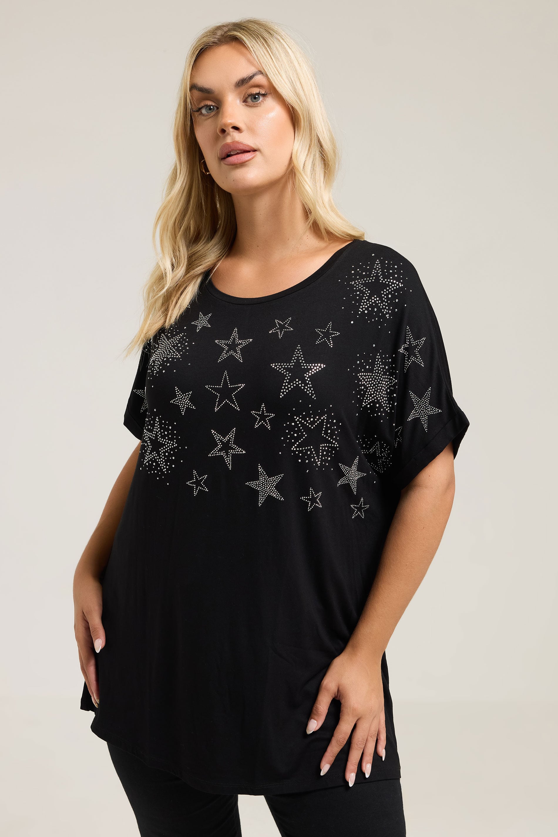 YOURS Curve Black Star Stud Embellished T-Shirt | Yours Clothing 3