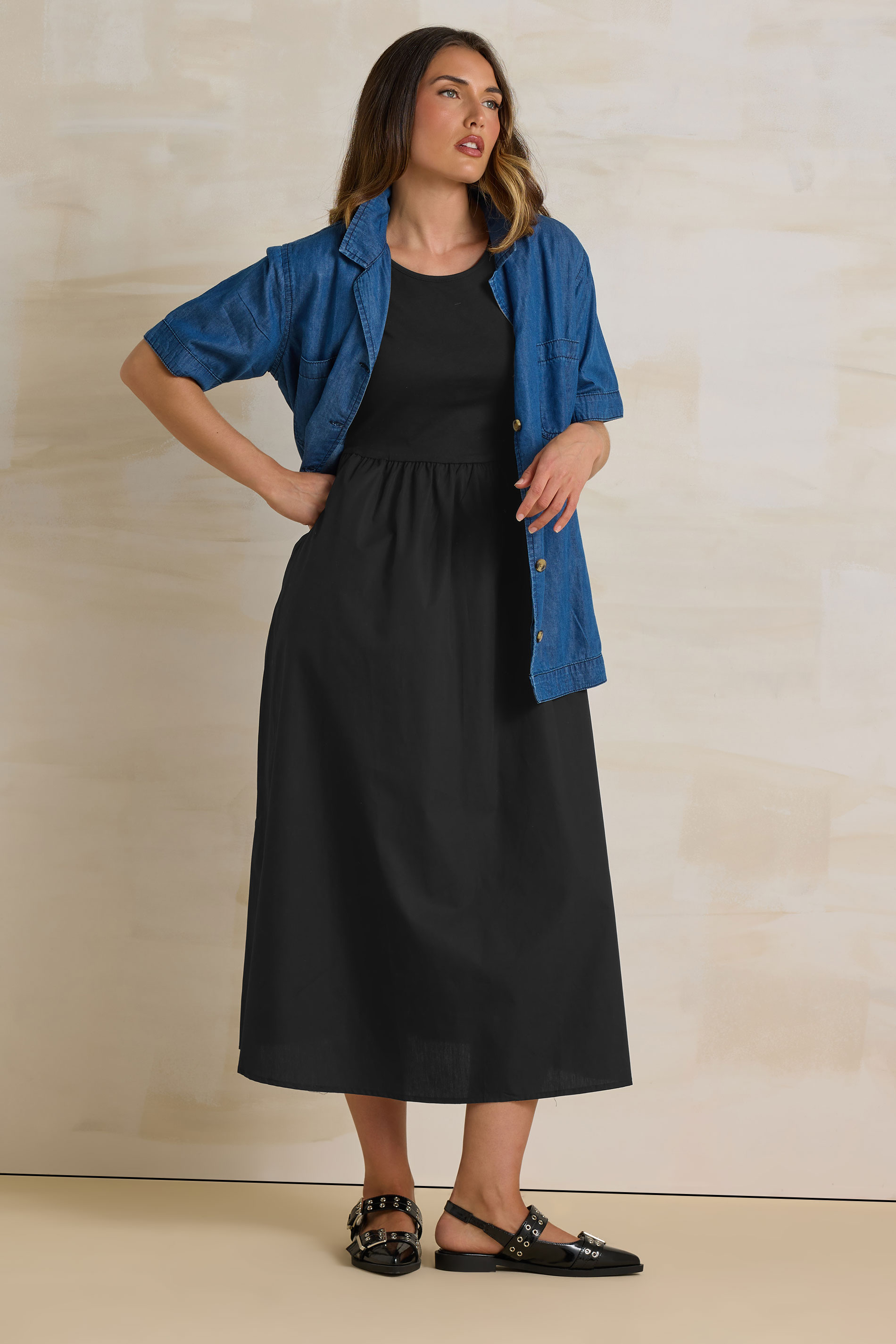 LTS Tall Black Jersey & Woven Mix Cotton Midi Dress | Long Tall Sally 1