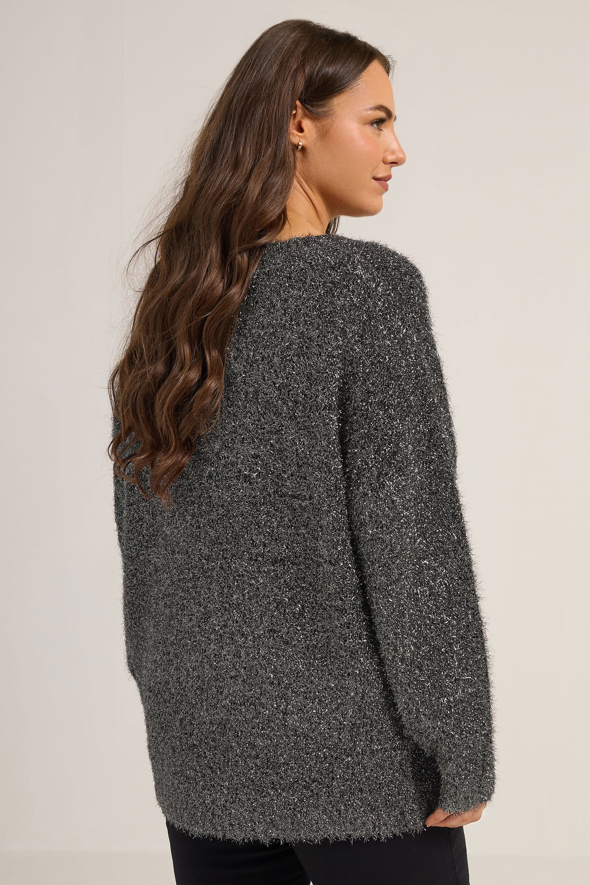 YOURS Plus Size Black Tinsel V-Neck Jumper | Yours Clothing 2