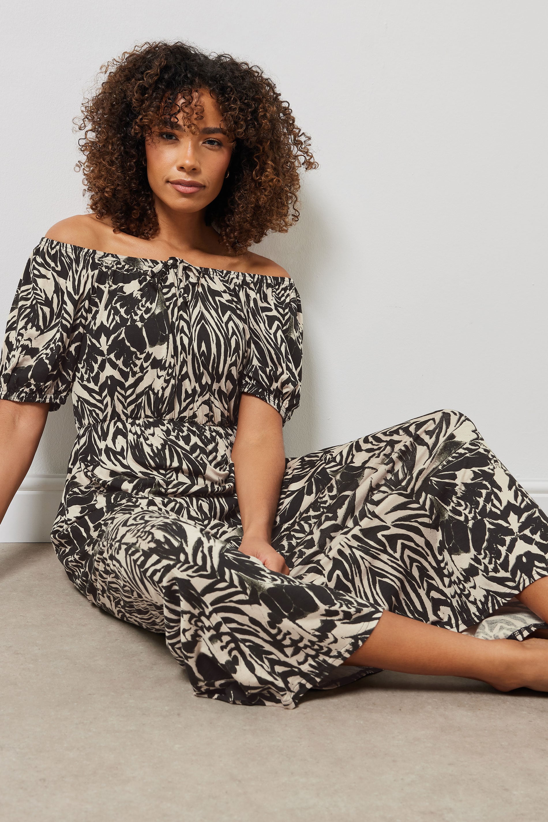 M&Co Neutral Brown & Black Abstract Print Bardot Dress 2