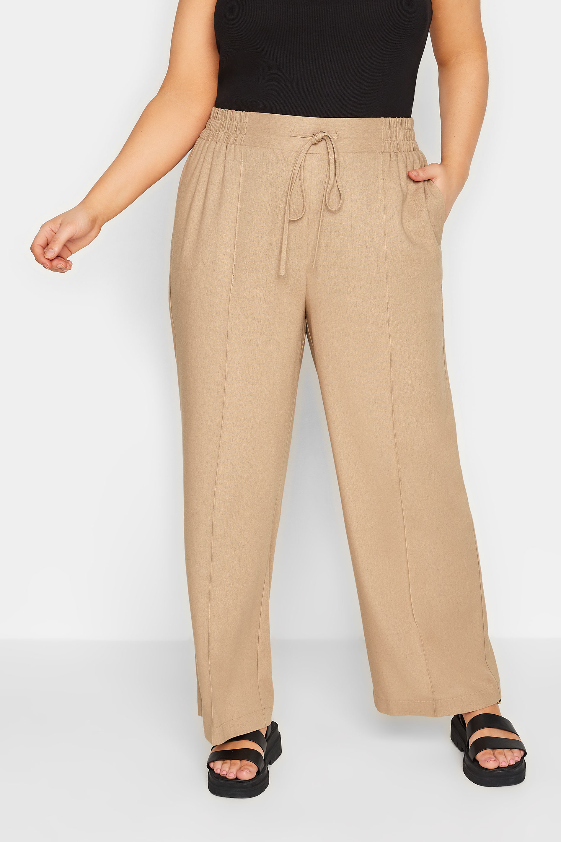 YOURS Curve Plus Size Beige Brown Wide Leg Linen Trousers | Yours Clothing  1