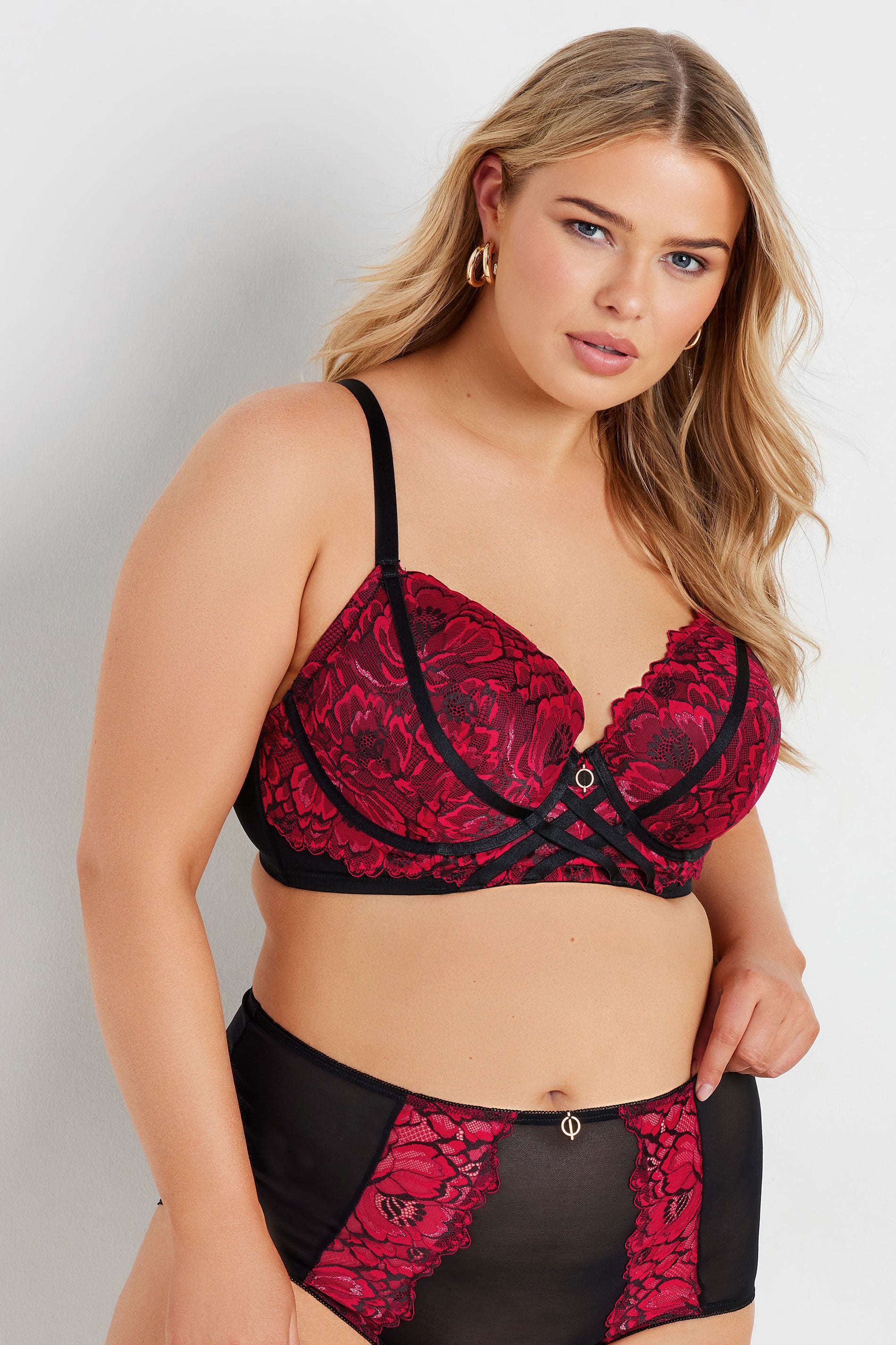 YOURS Plus Size Red & Black Lace Strap Detail Plunge Bra | Yours Clothing 1