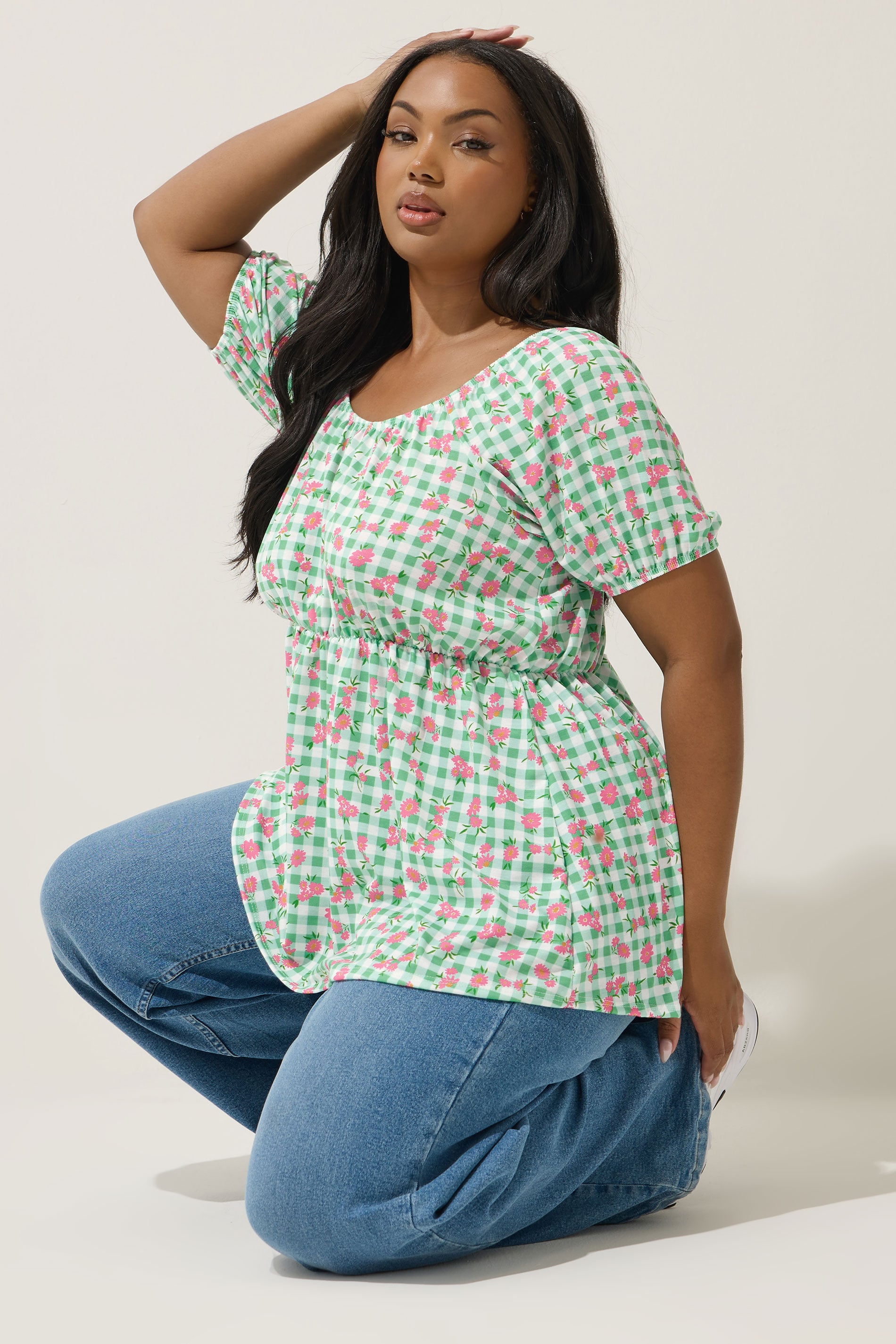 LIMITED COLLECTION Plus Size Green Floral Gingham Bardot Top | Yours Clothing 3