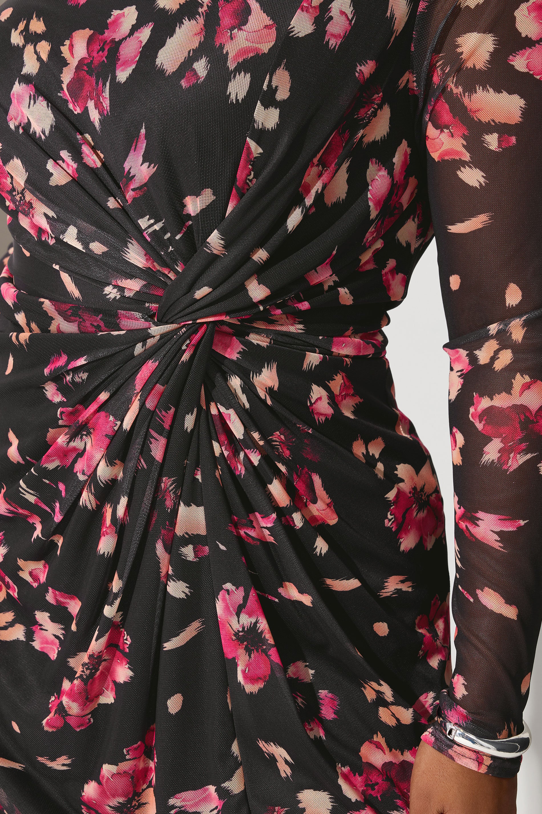 YOURS LONDON Plus Size Black Floral Mesh Side Knot Midi Dress | Yours Clothing 4