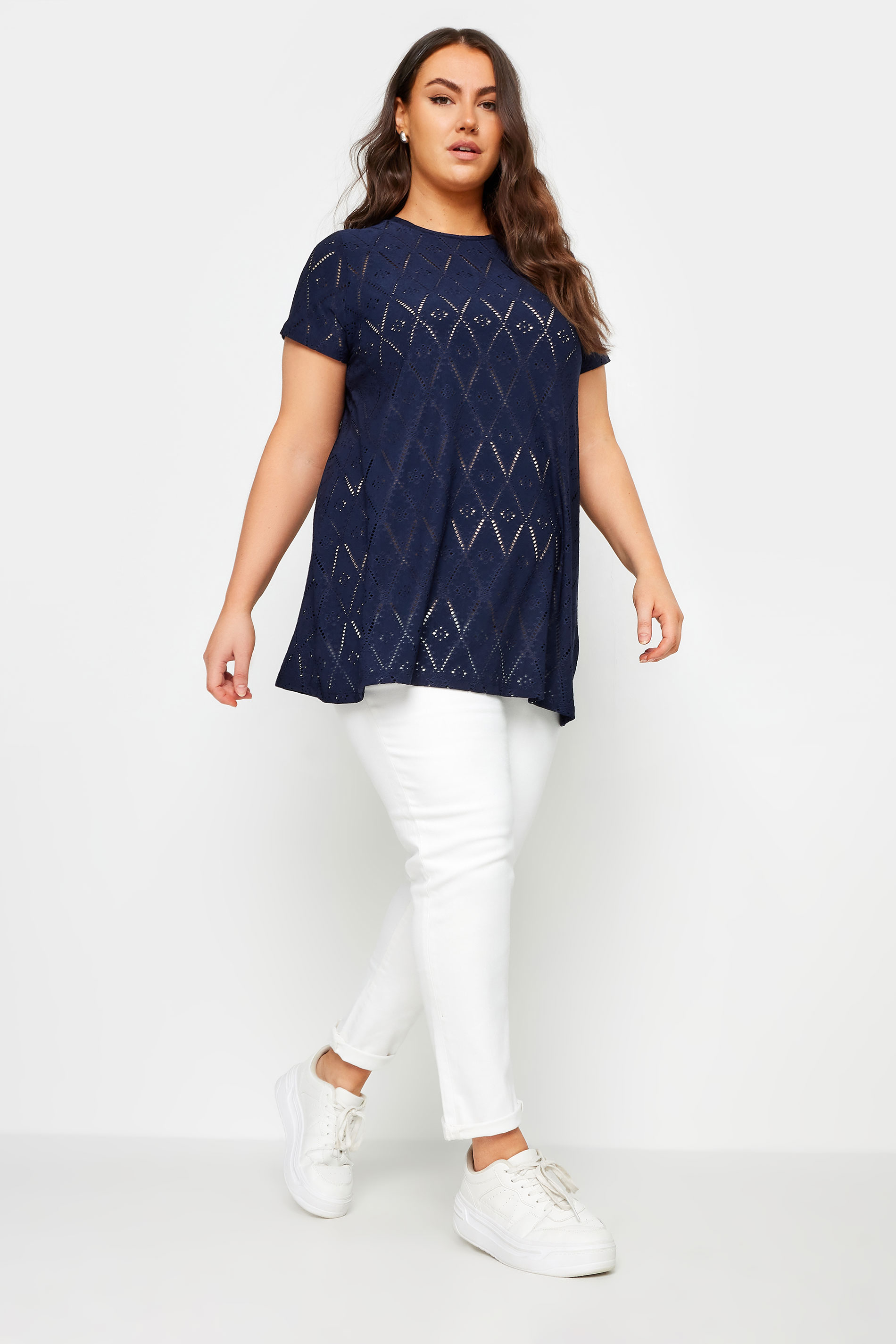 YOURS Plus Size Navy Blue Broderie Anglaise Swing T-Shirt | Yours Clothing 2