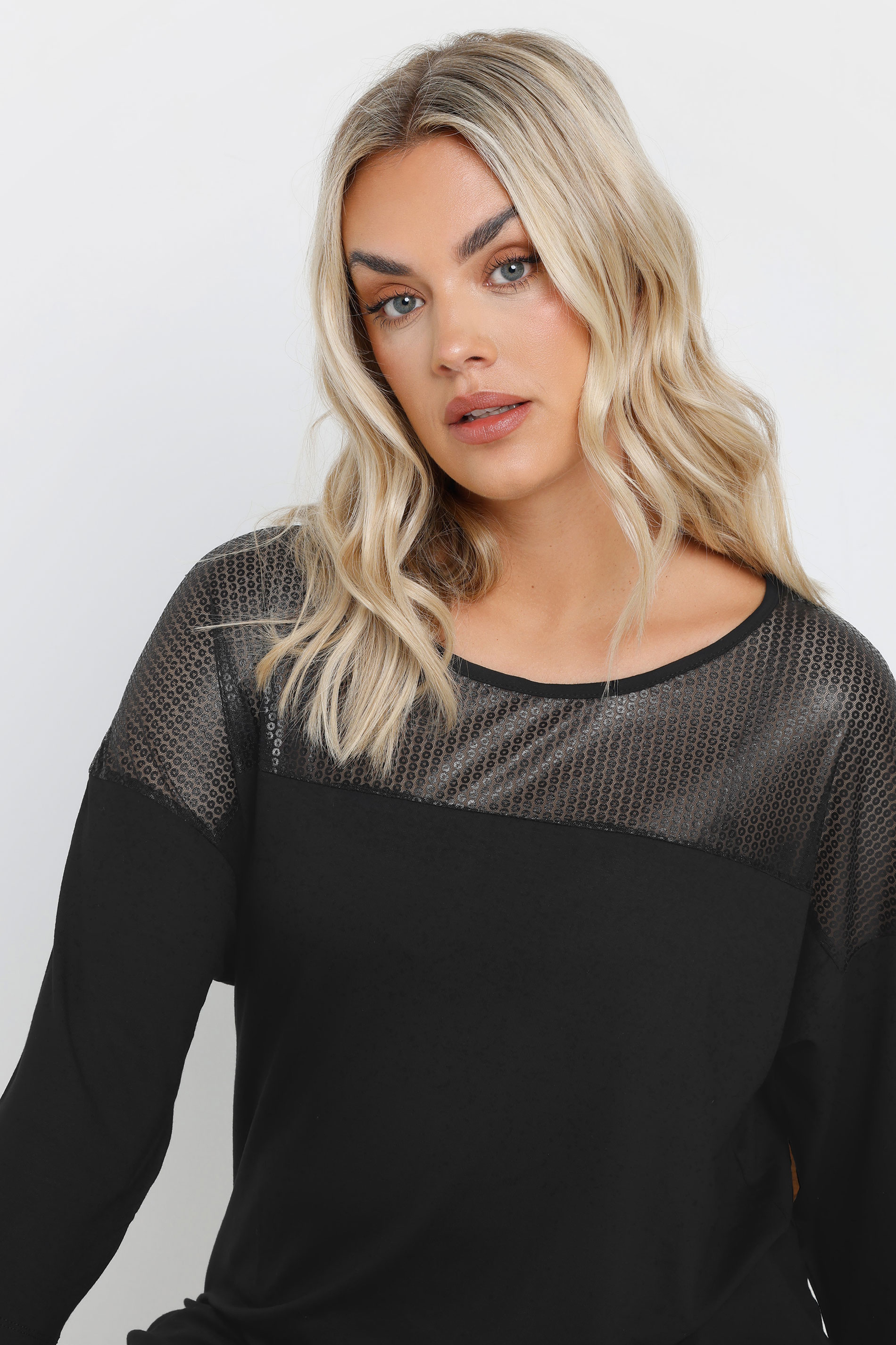 YOURS Plus Size Black Mesh Panel Sequin Top | Yours Clothing 2