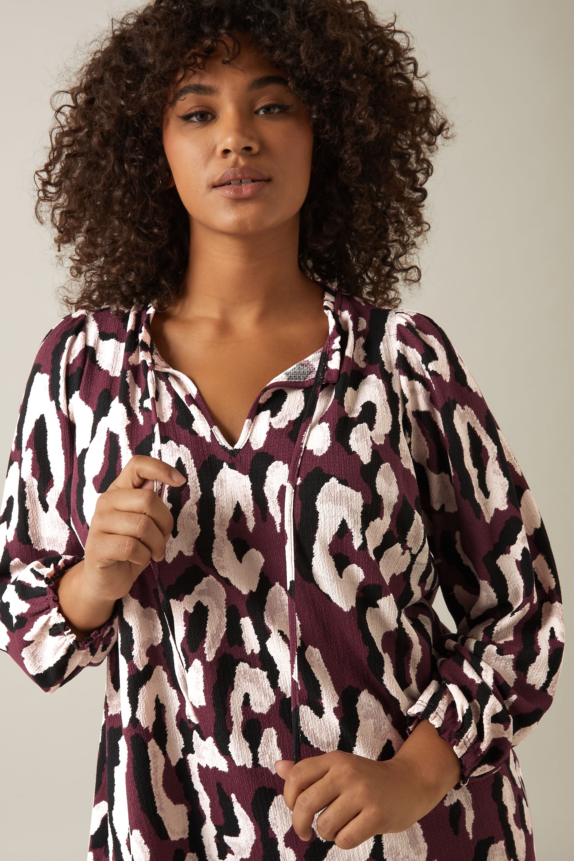 EVANS Plus Size Burgundy Red Animal Print Crepe Tie Neck Blouse | Evans 5