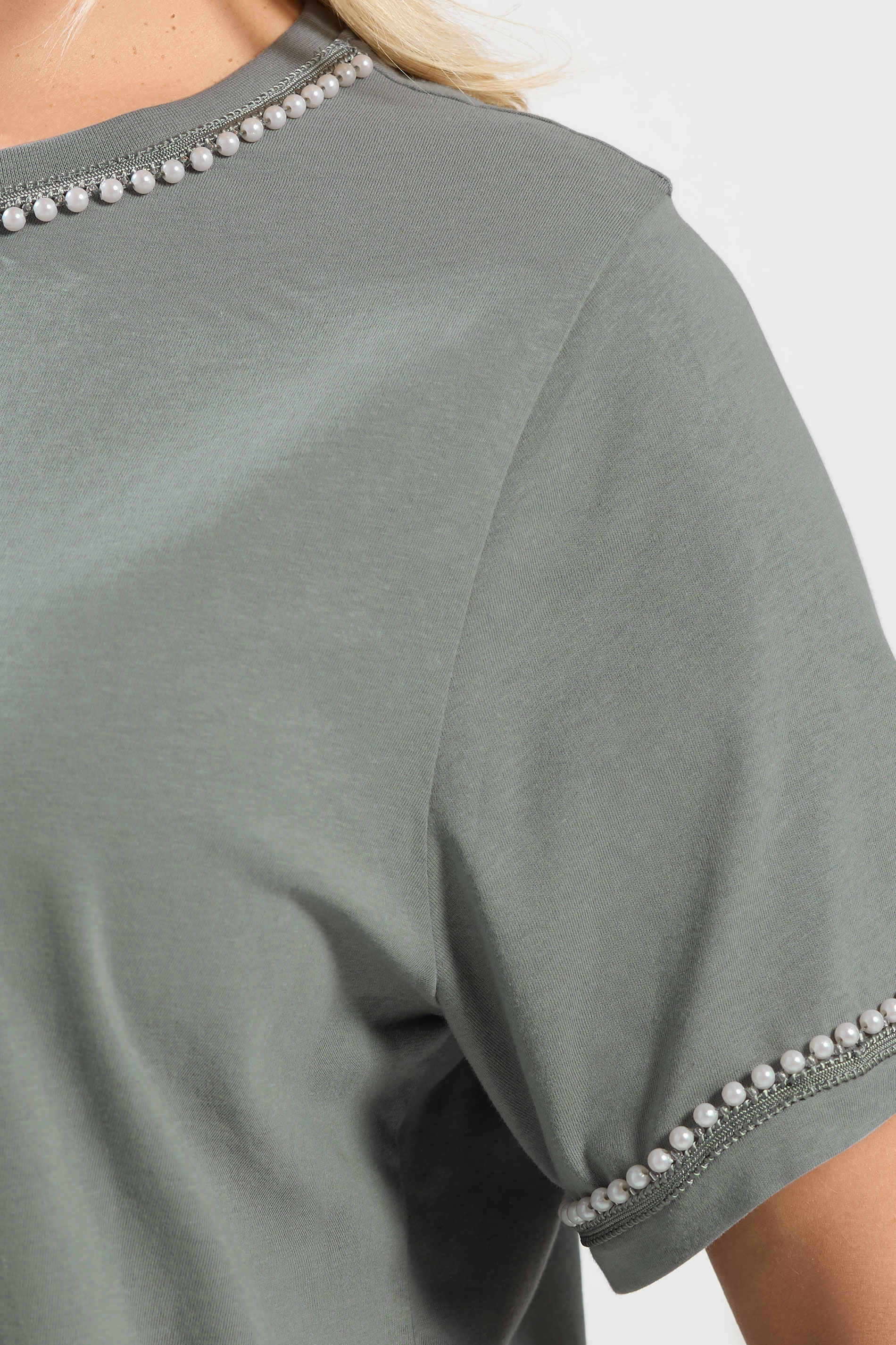 YOURS Plus Size Sage Green Pearl Trim T-Shirt | Yours Clothing 4