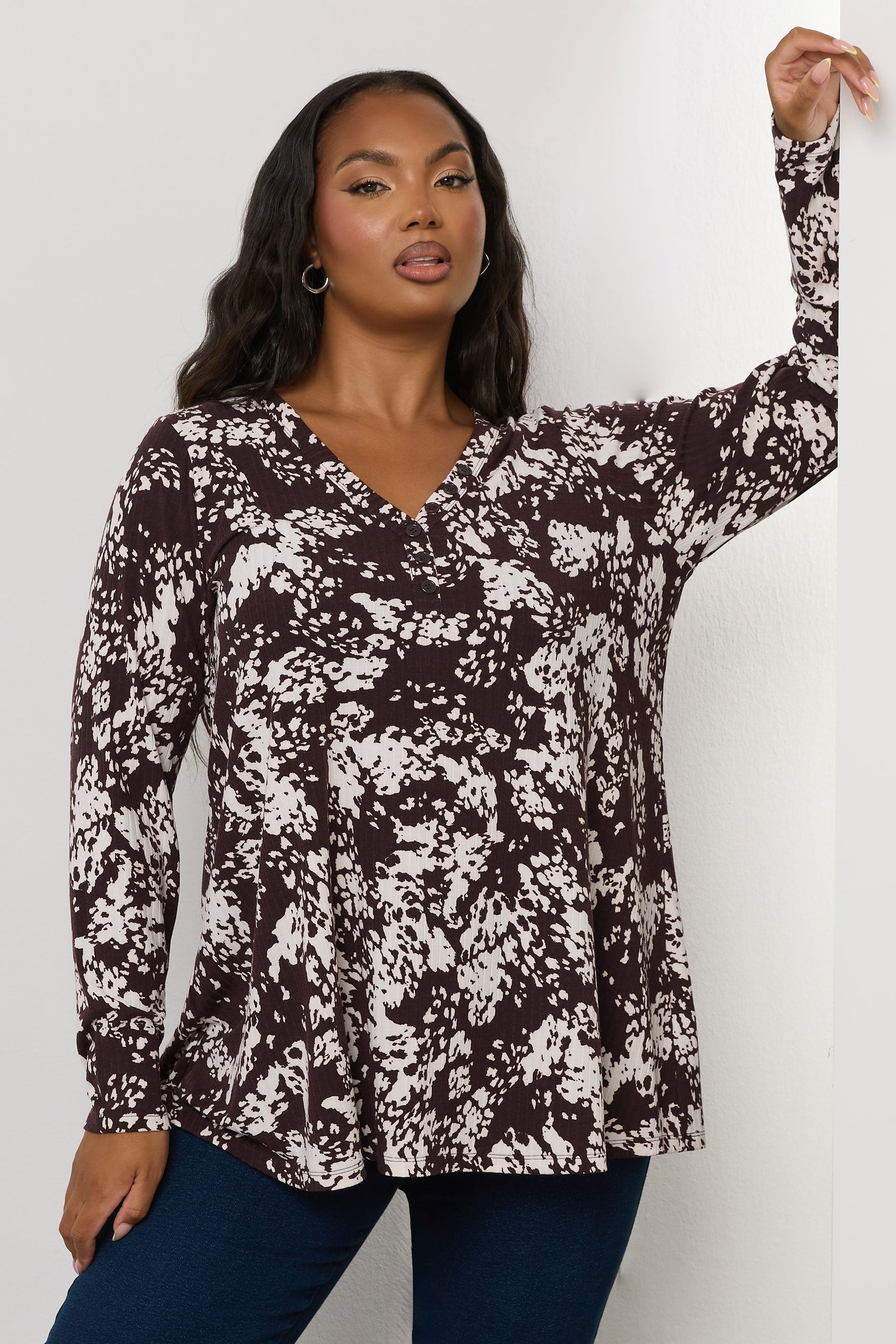 YOURS Plus Size Chocolate Brown Abstract Print Ribbed Henley Top | Yours Clothing 3