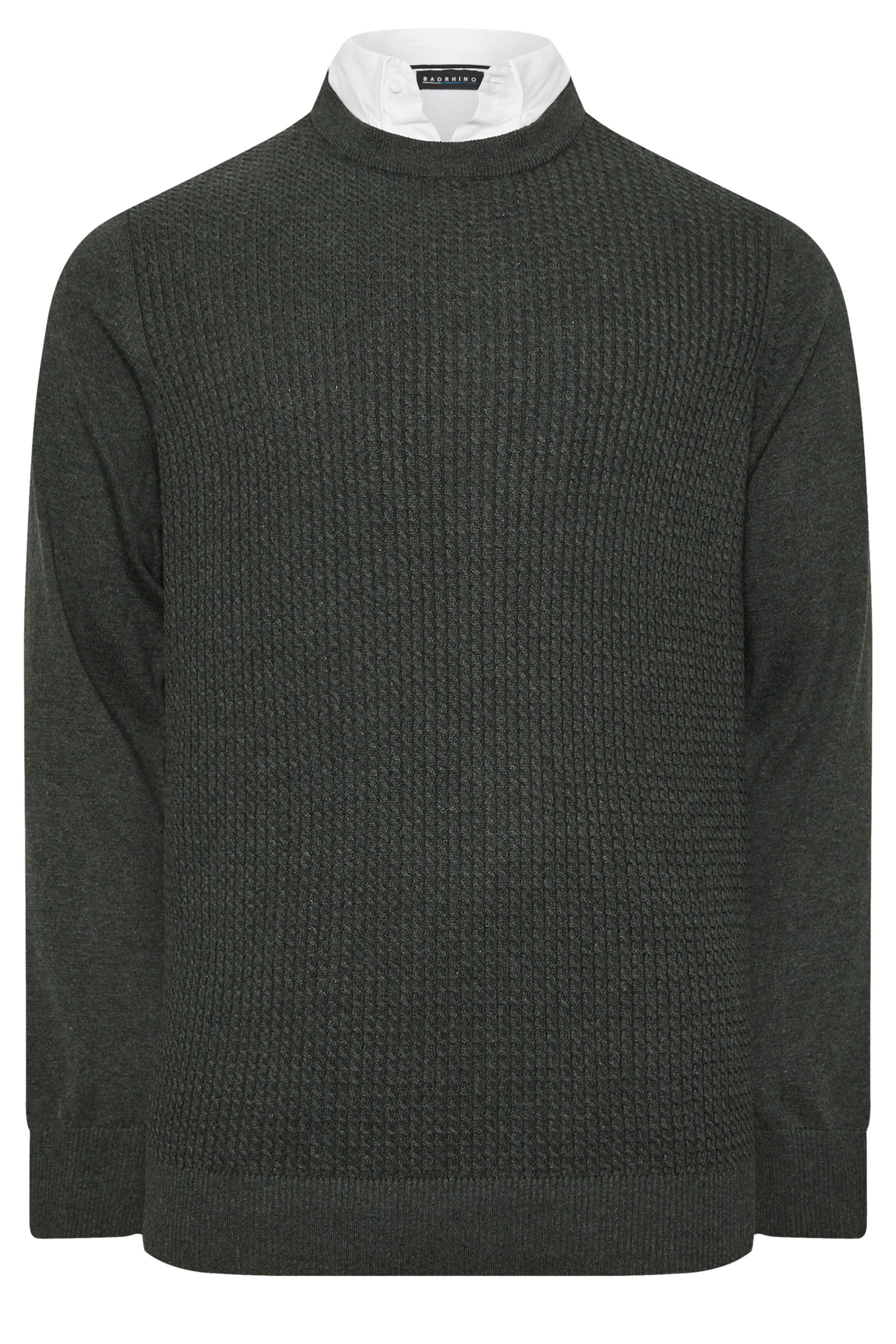 BadRhino Big & Tall Charcoal Grey Cable Knit Mock Shirt Jumper | BadRhino 2