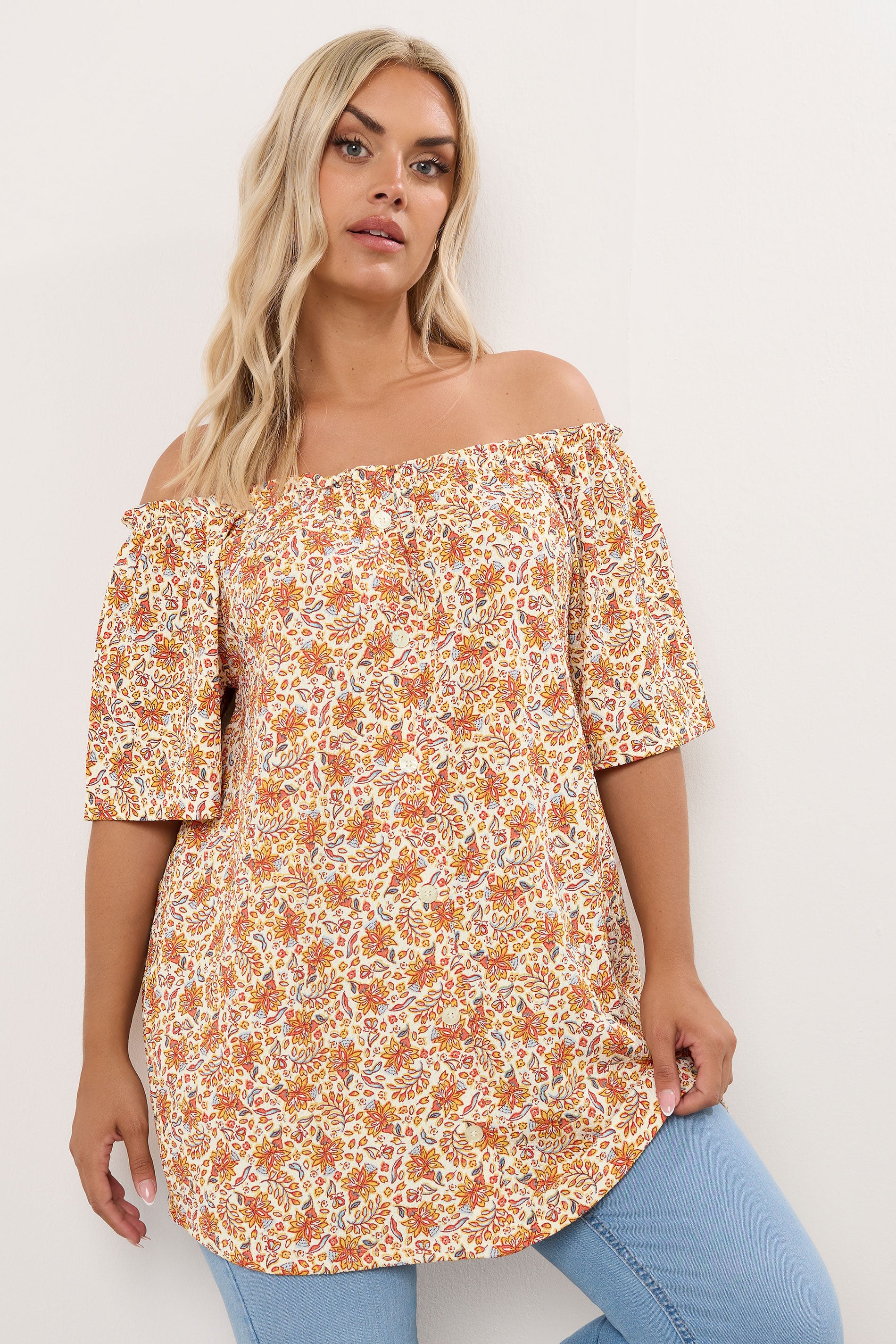 YOURS Plus Size Orange Textured Leaf Print Bardot Top | Yours Clothing 3