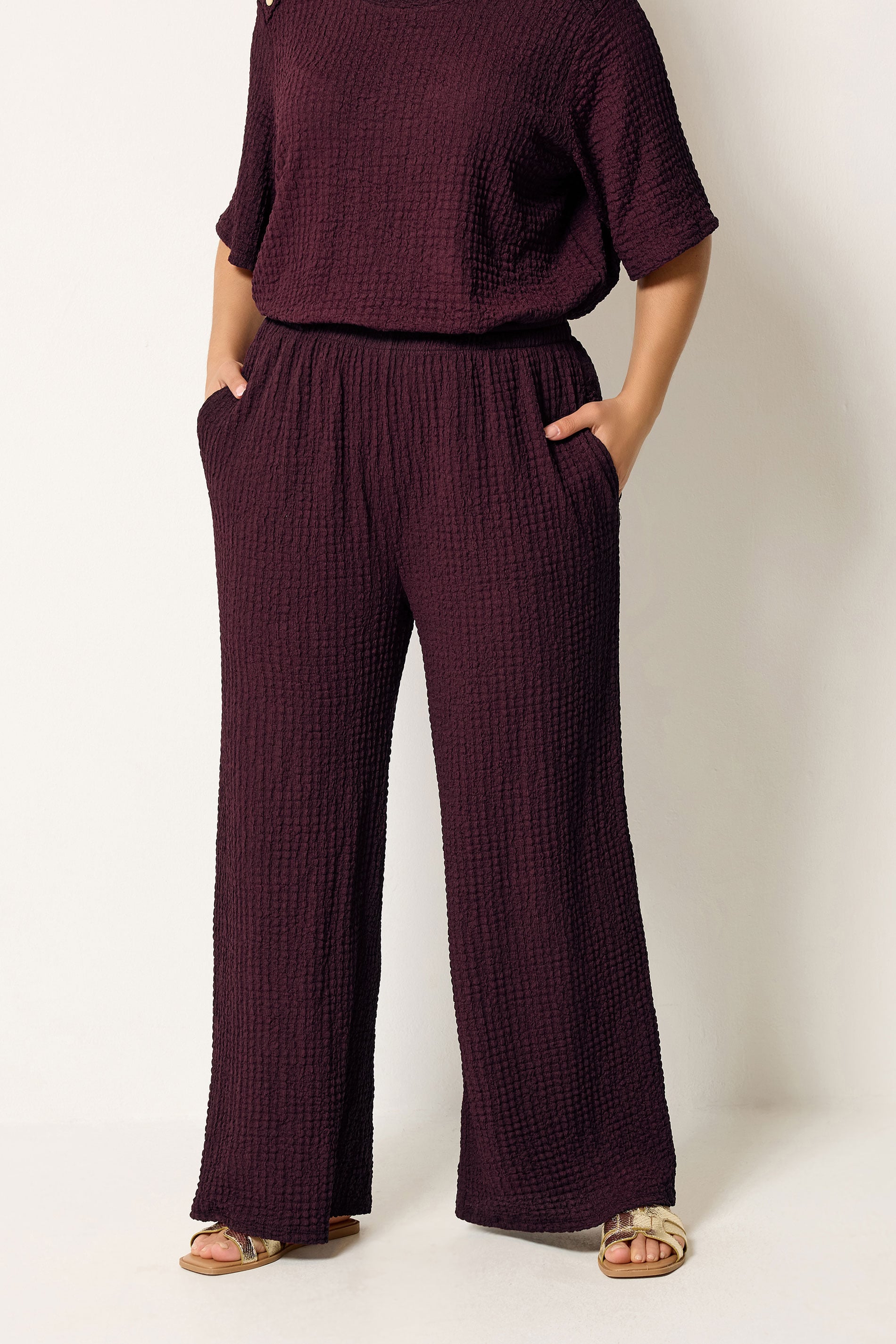 YOURS Plus Size Burgundy Red Bubble Texture Wide Leg Trousers | Yours Clothing 3