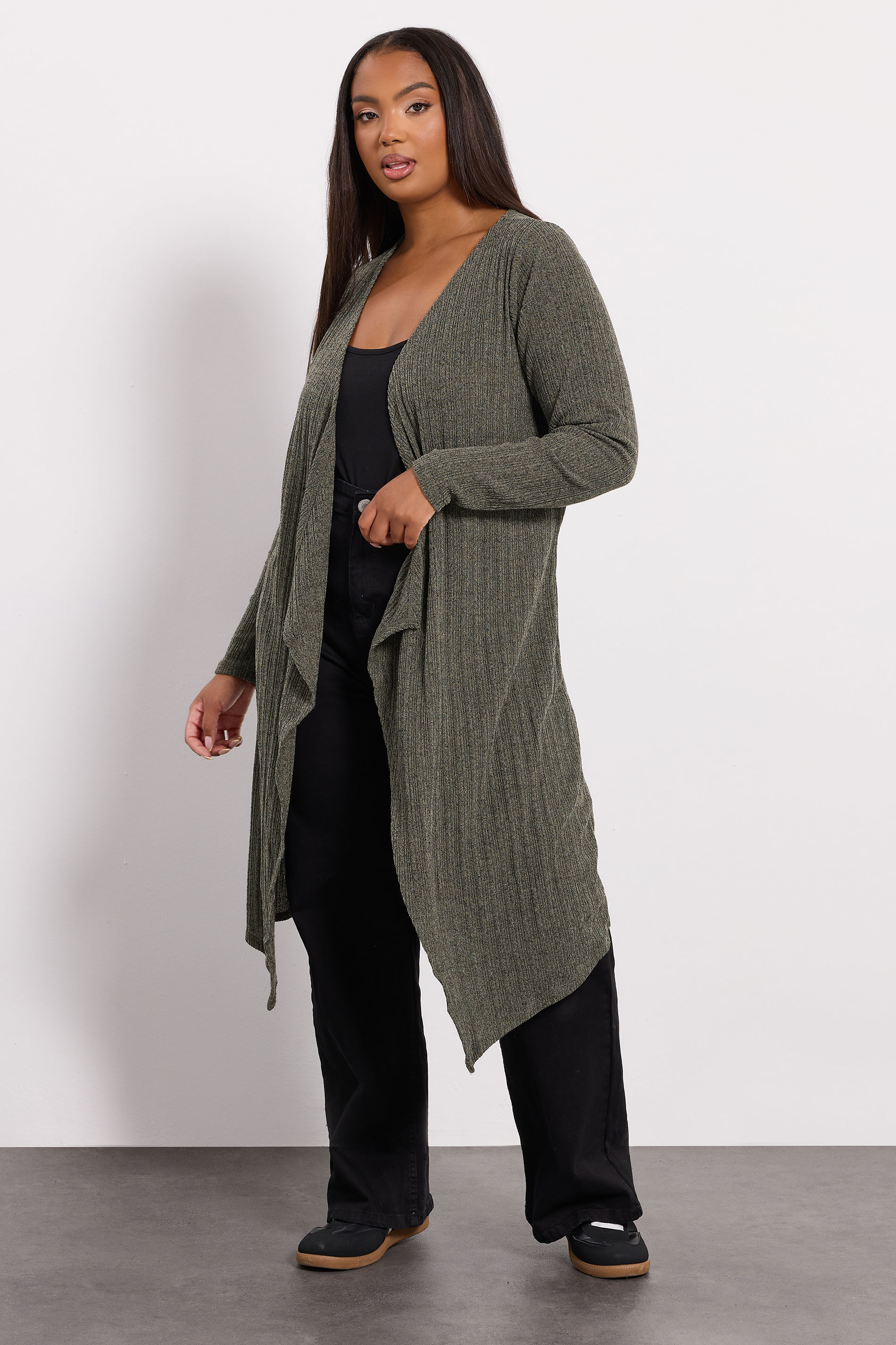 YOURS Plus Size Khaki Green Ribbed Midaxi Waterfall Cardigan | Yours Clothing 1