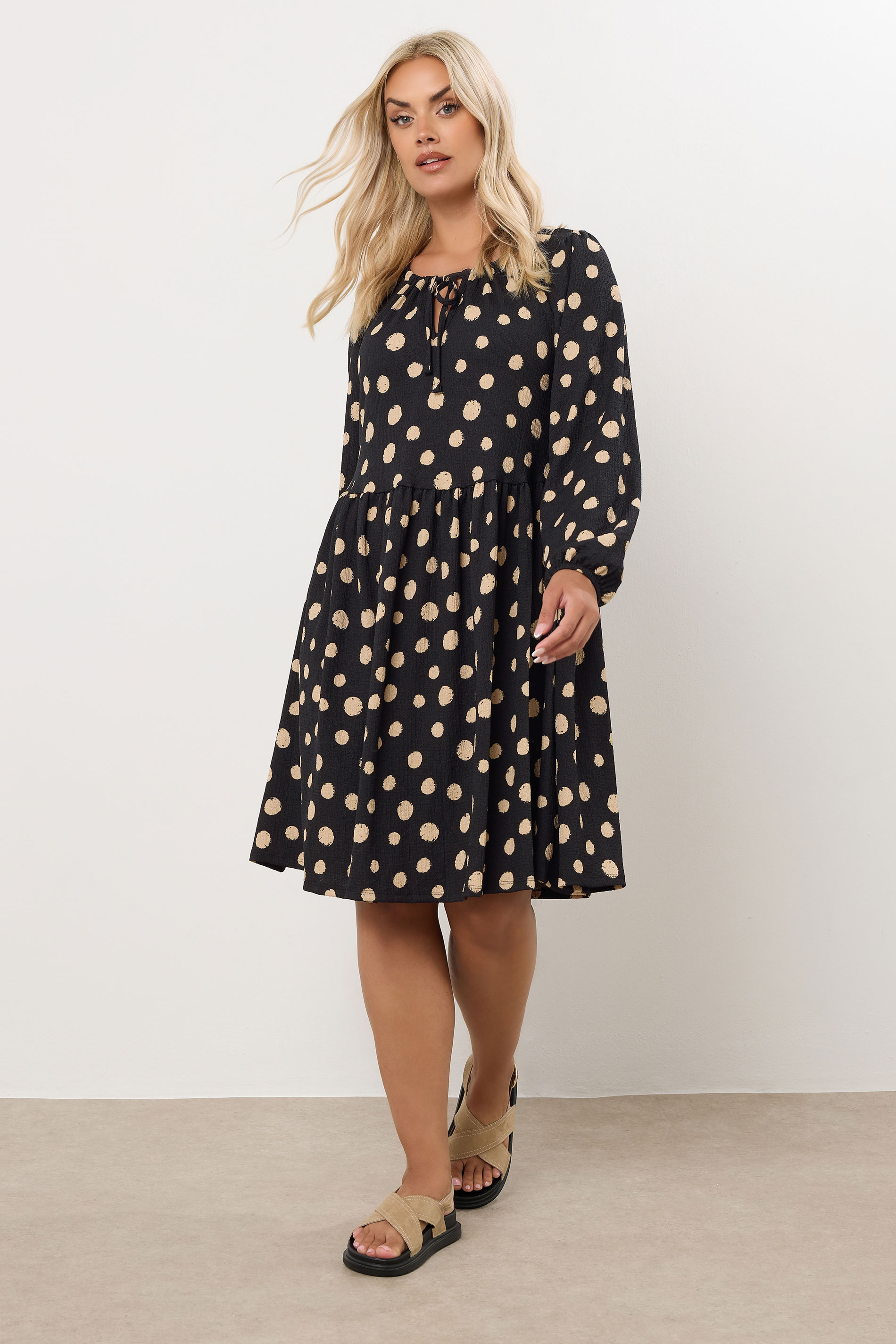 YOURS Plus Size Black Dot Print Tie Neck Dress | Yours Clothing 1