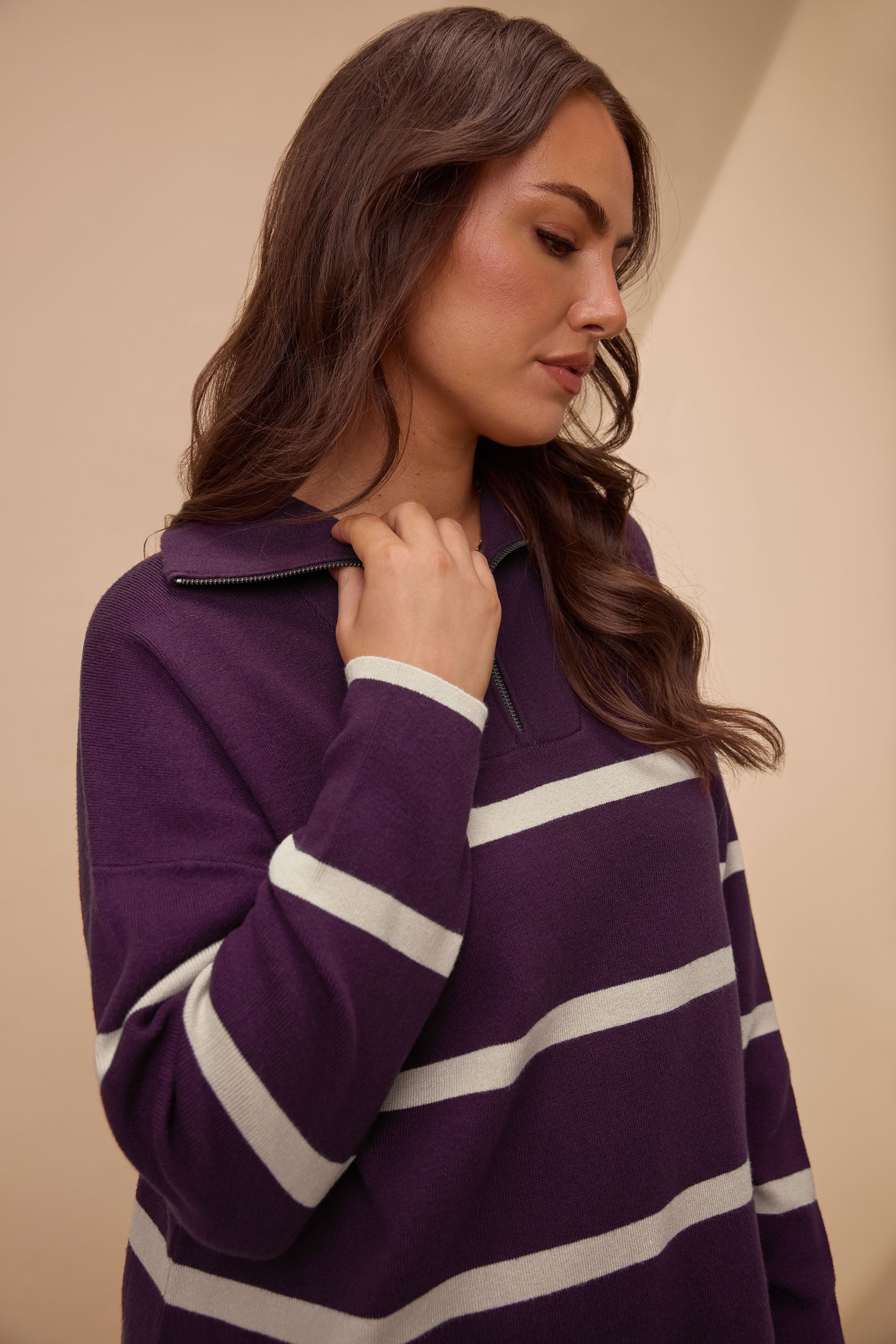 EVANS Plus Size Purple & White Stripe Quarter Zip Jumper | Evans  1