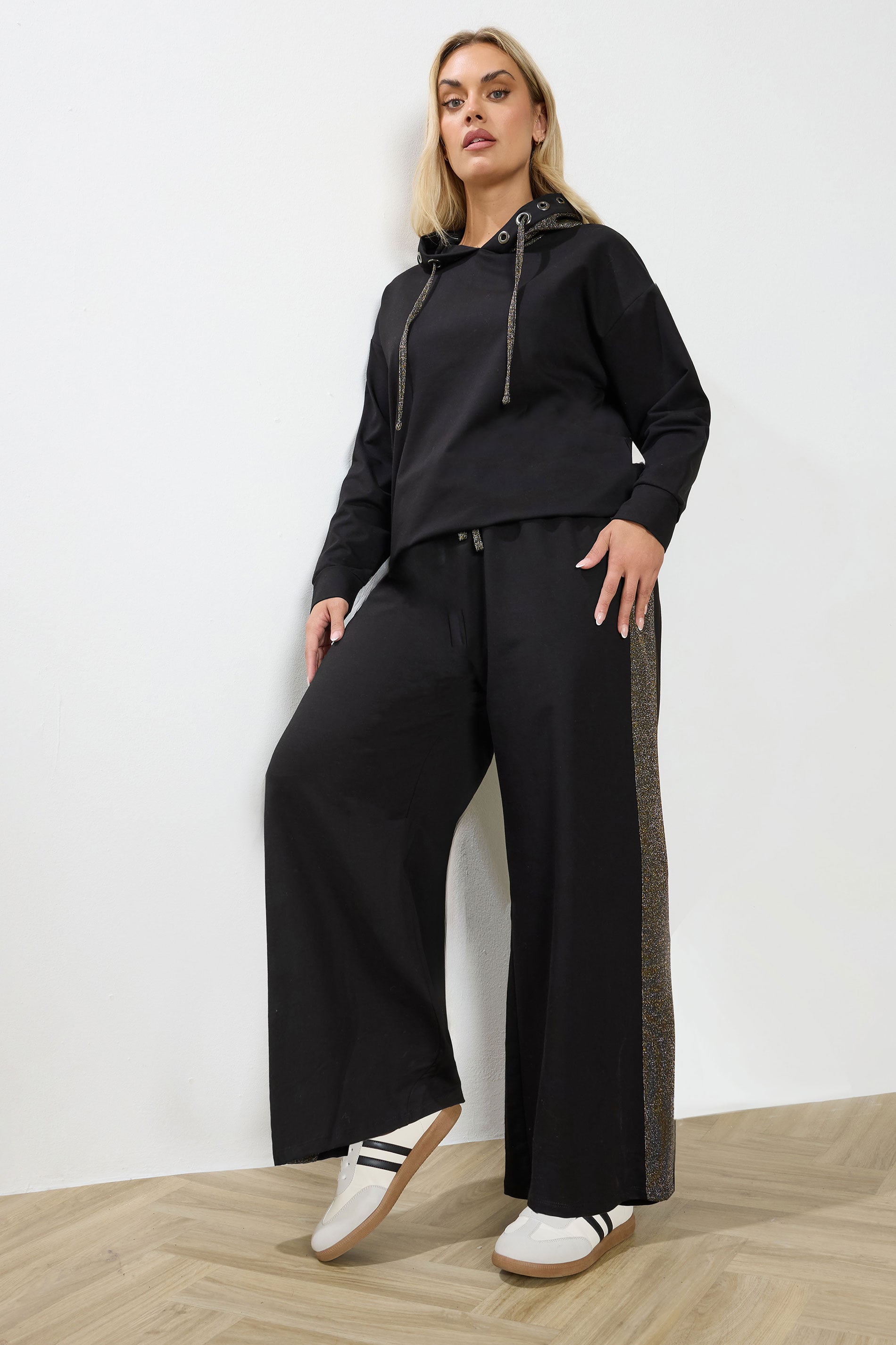 YOURS Plus Size Black Shimmer Side Stripe Wide Leg Joggers | Yours Curve 1