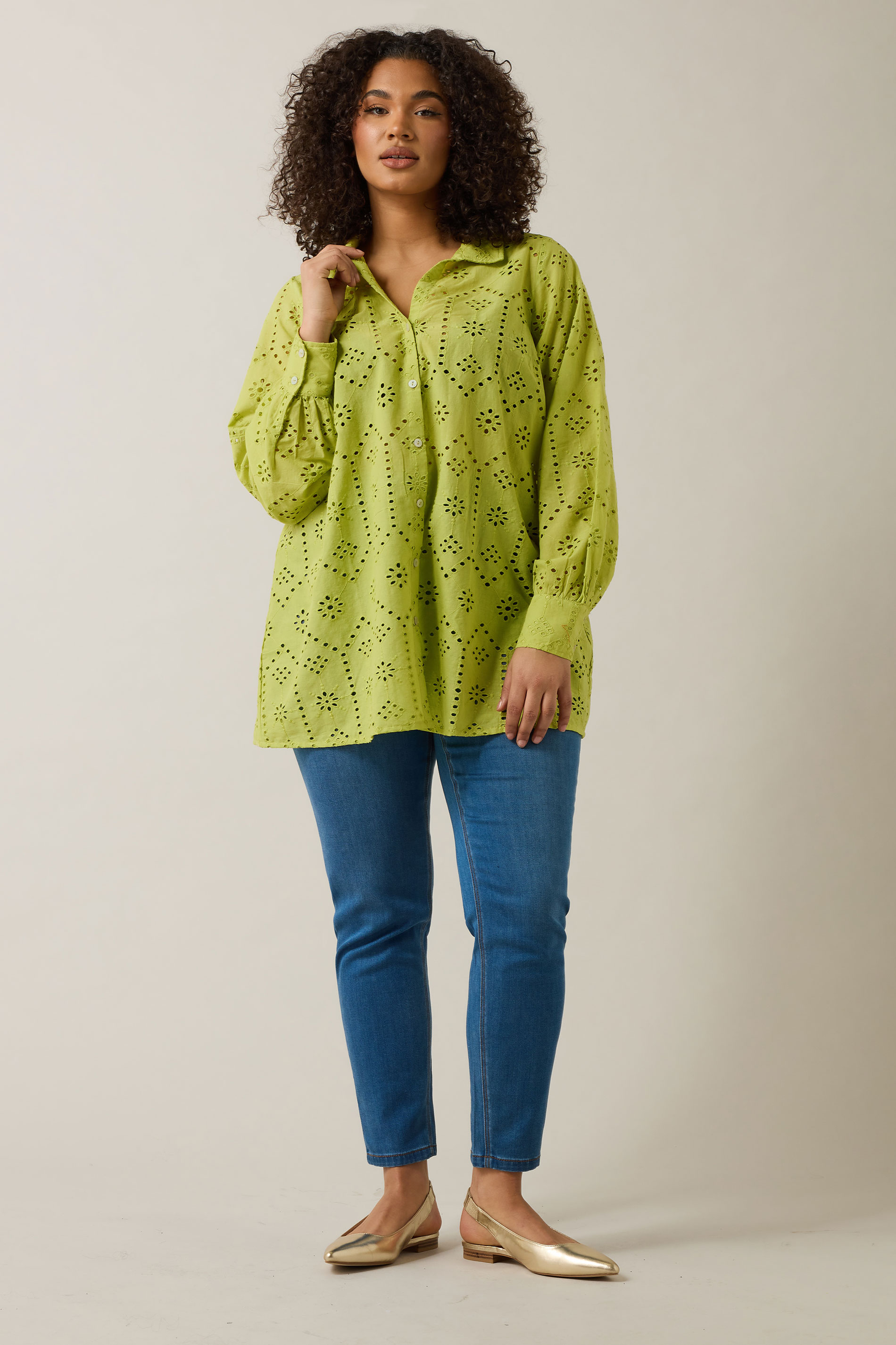 EVANS Plus Size Chartreuse Green Long Sleeve Broderie Shirt | Evans 4