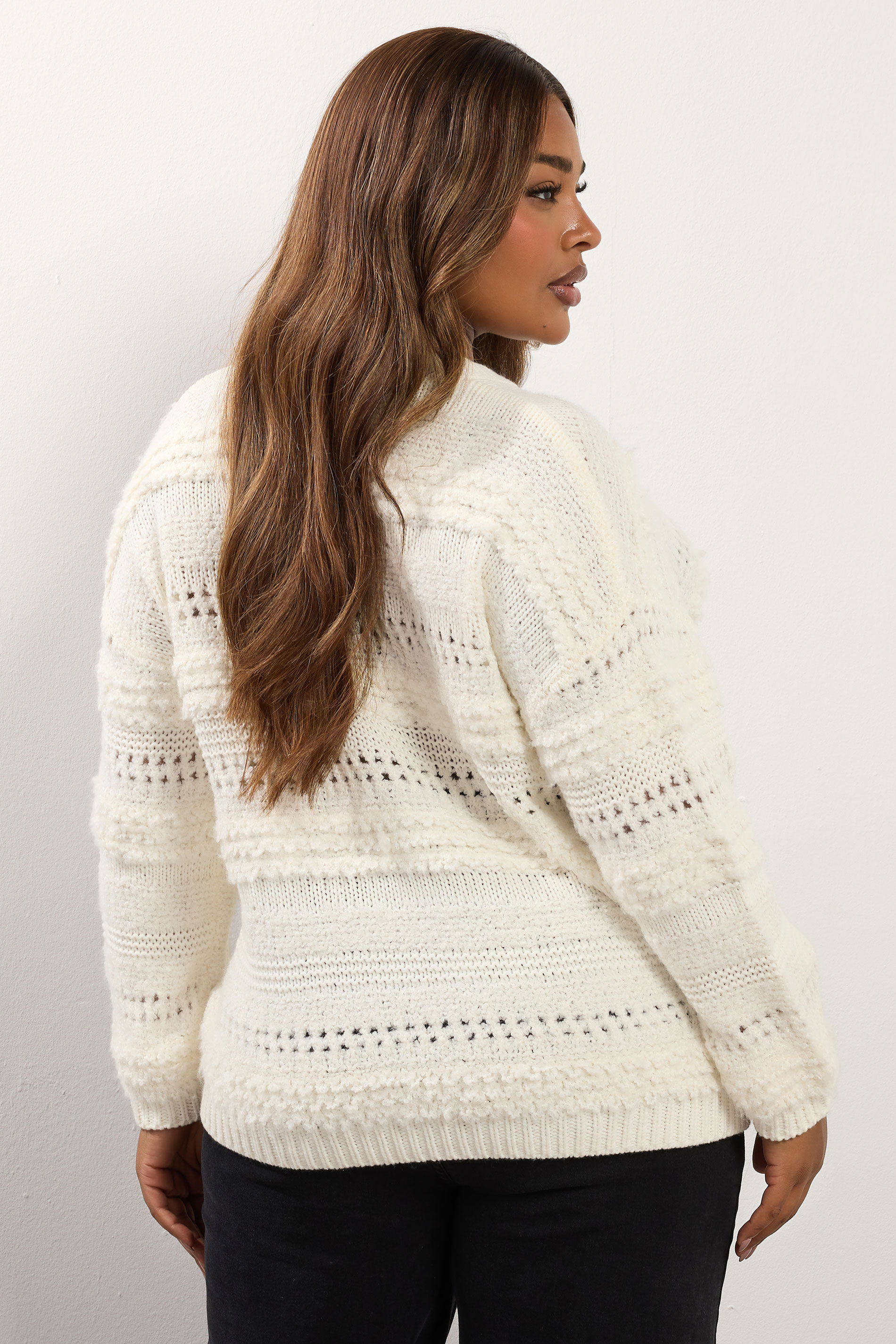 YOURS Plus Size Ivory White Boucle Pointelle Knit Jumper | Yours Clothing 6