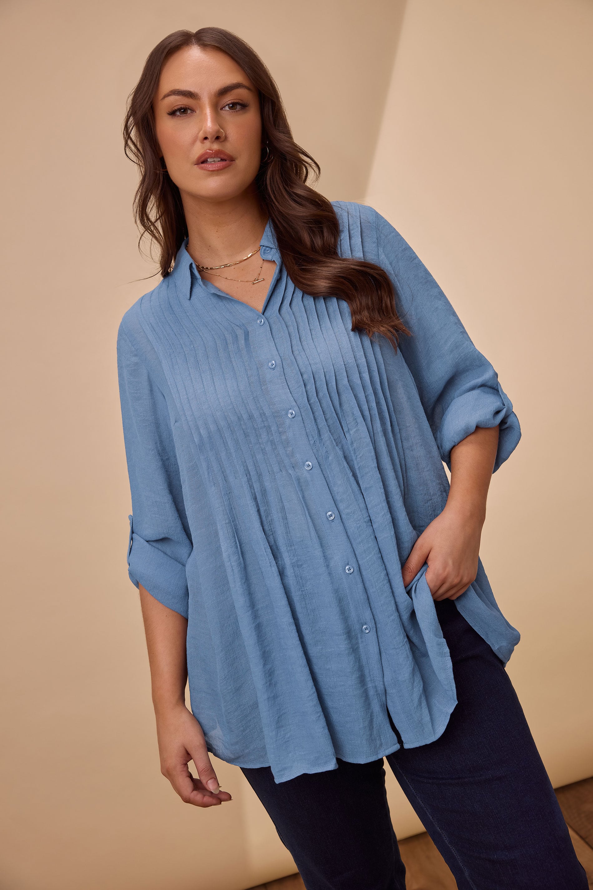 Evans Women's Blue Plus Pintuck Tab Sleeve Shirt Size 16