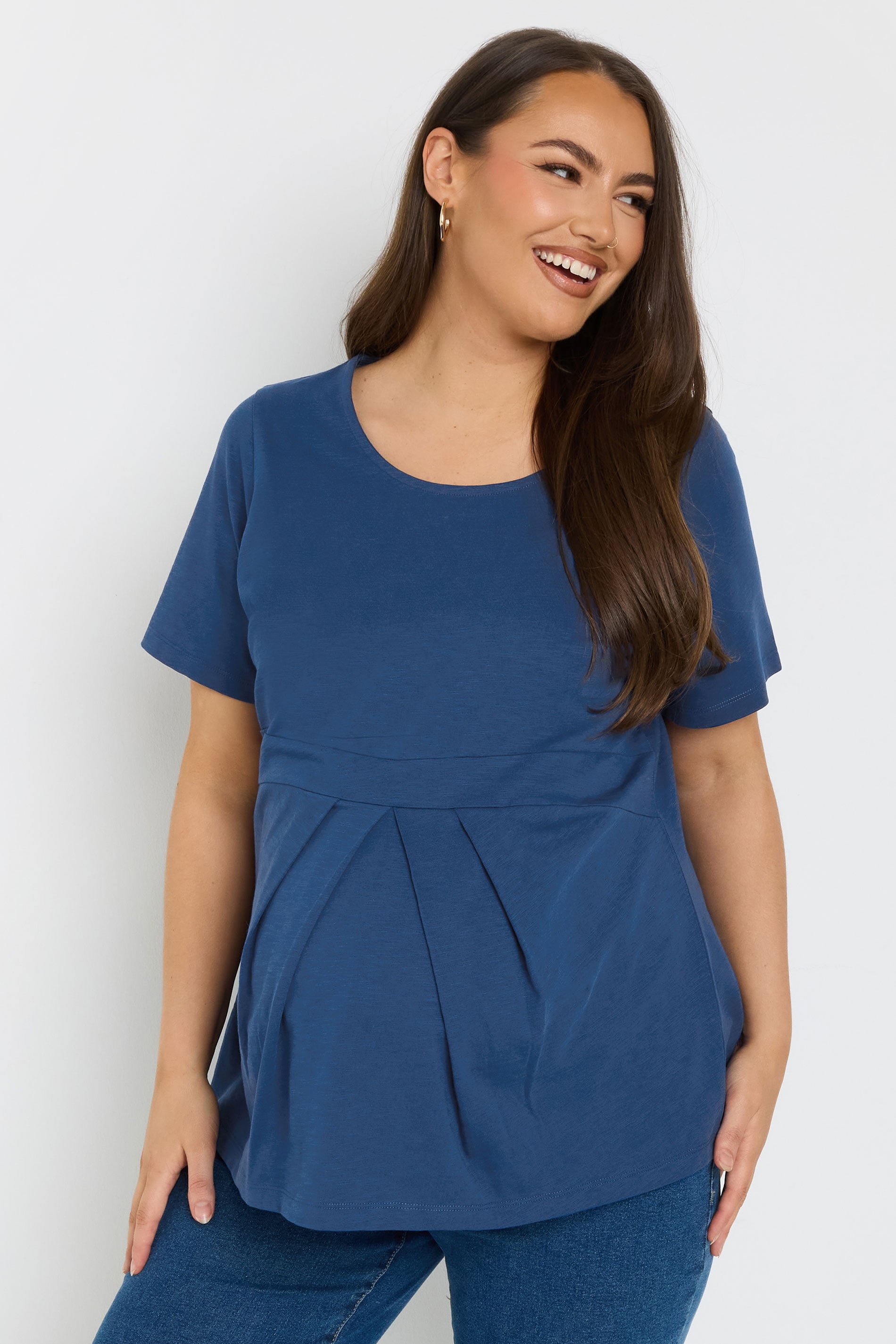 BUMP IT UP MATERNITY Plus Size Navy Blue Soft Cotton Pleat Front Peplum Top | Yours Clothing 1
