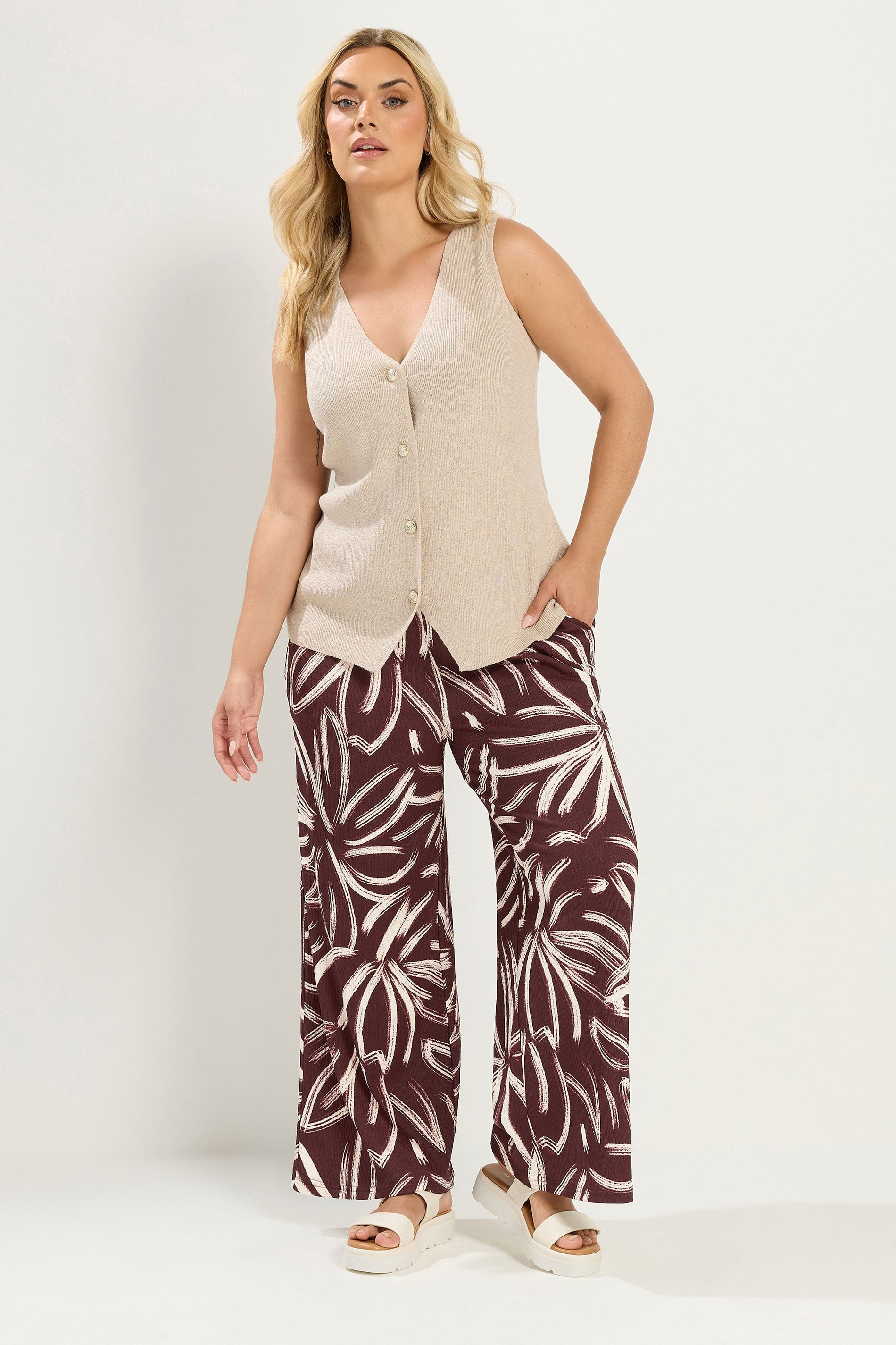 YOURS Plus Size Brown Abstract Print Wide Leg Trousers | Yours Clothing 3